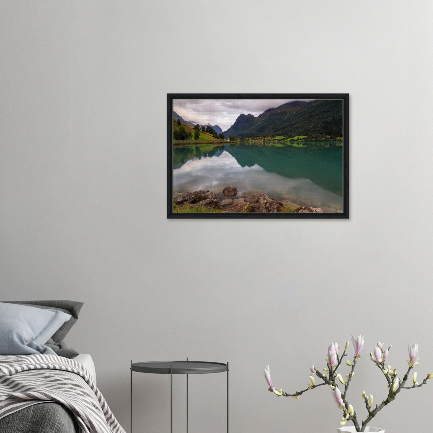 Peaceful Lake Floen scene with pebbled shore in framed print