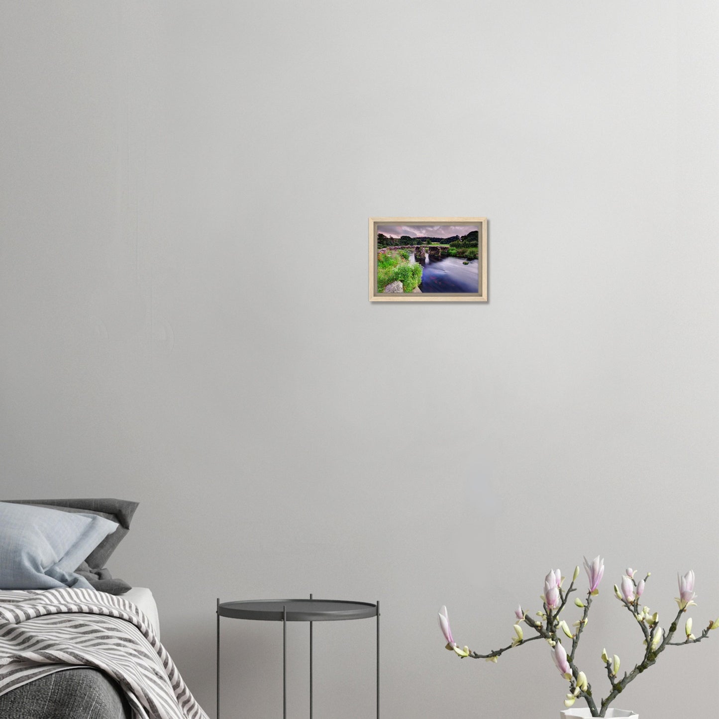 River and clapper bridge scene in high-quality framed canvas