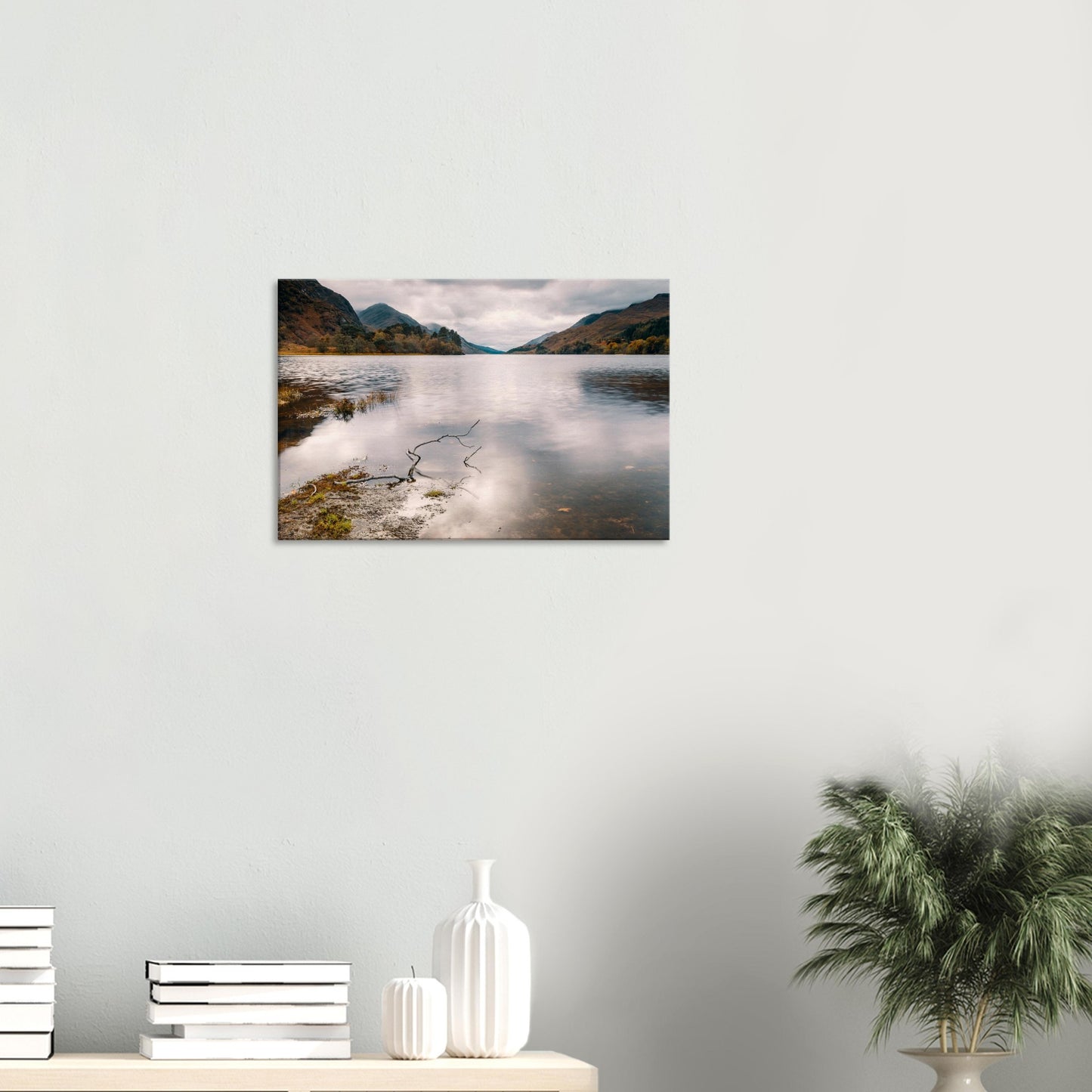 Peaceful Loch Shiel scene with weathered branch on shore