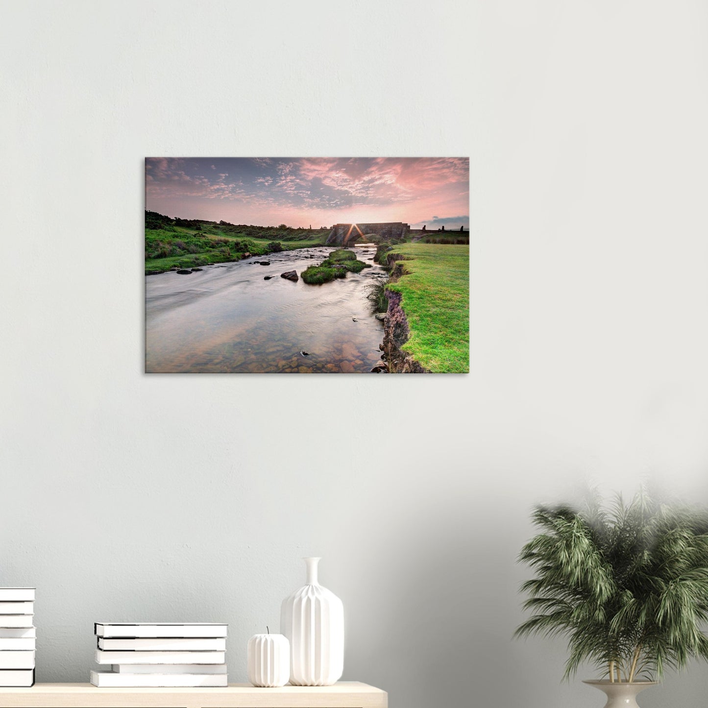 Golden sunrise over river and ancient bridge in Dartmoor canvas print