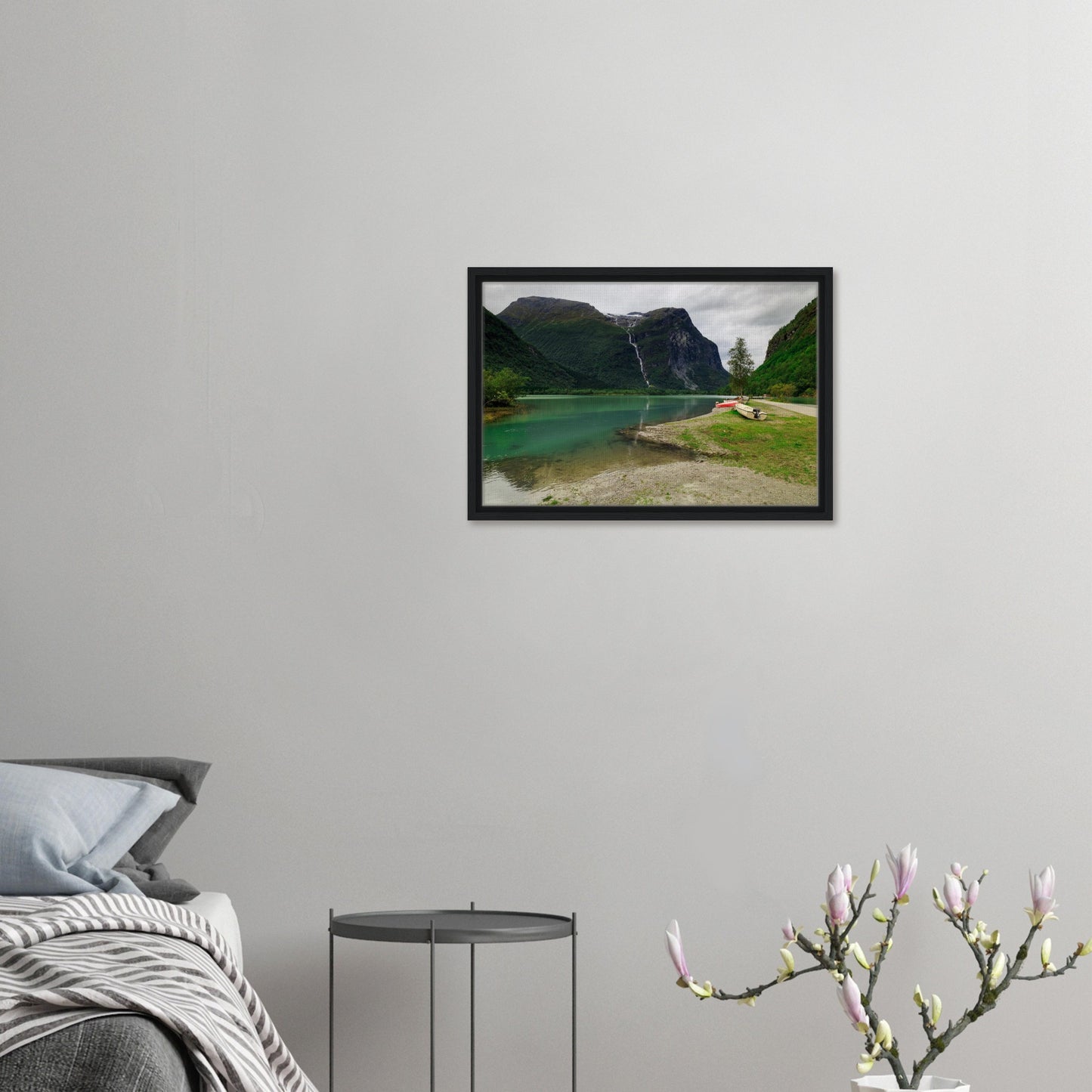 Tranquil nature view with waterfall and mountain in Norway