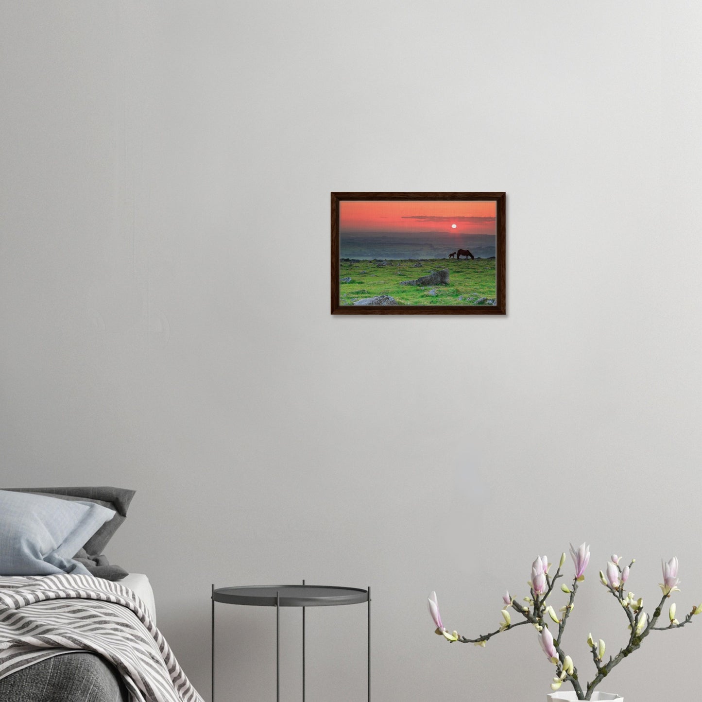 Pastoral scene of Dartmoor horses under vibrant sky in canvas