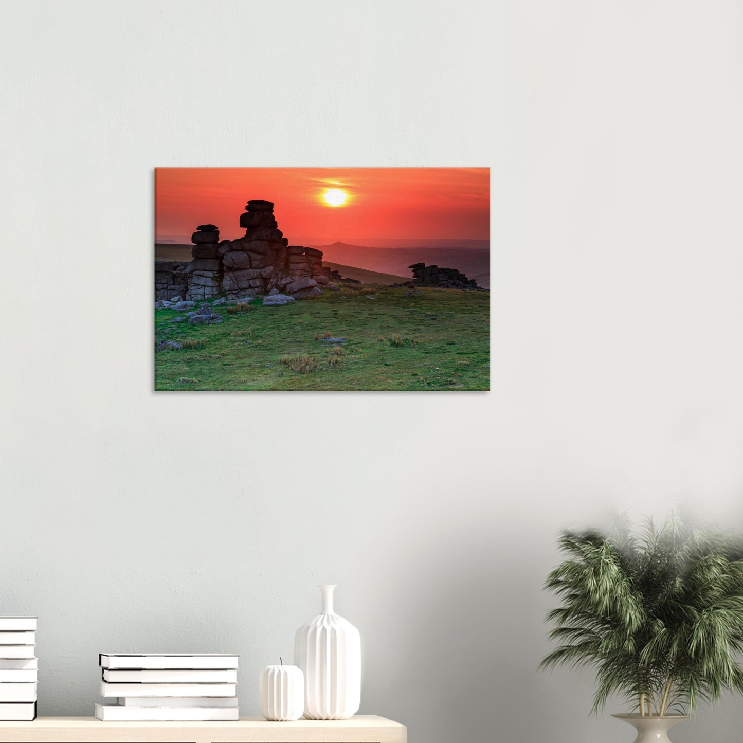Iconic Great Staple Tor at sunset, Dartmoor moorland captured in canvas format.