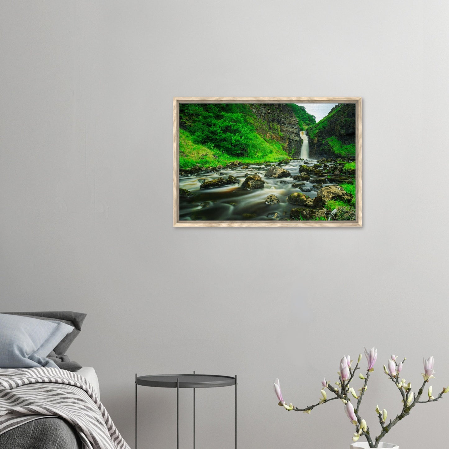 Misty cascade at Lealt Falls with rugged gorge in canvas artwork