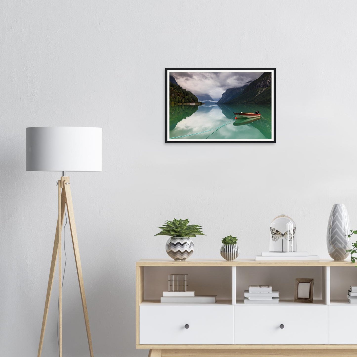 Tranquil landscape framed wall art of Lovatnet Lake in mist