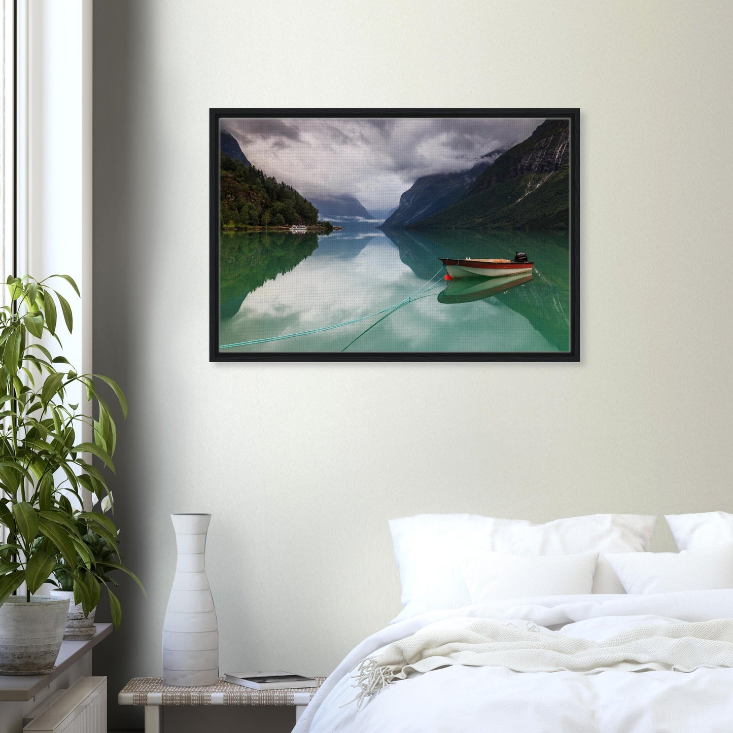 Lovatnet framed canvas with boat and reflective lake scene