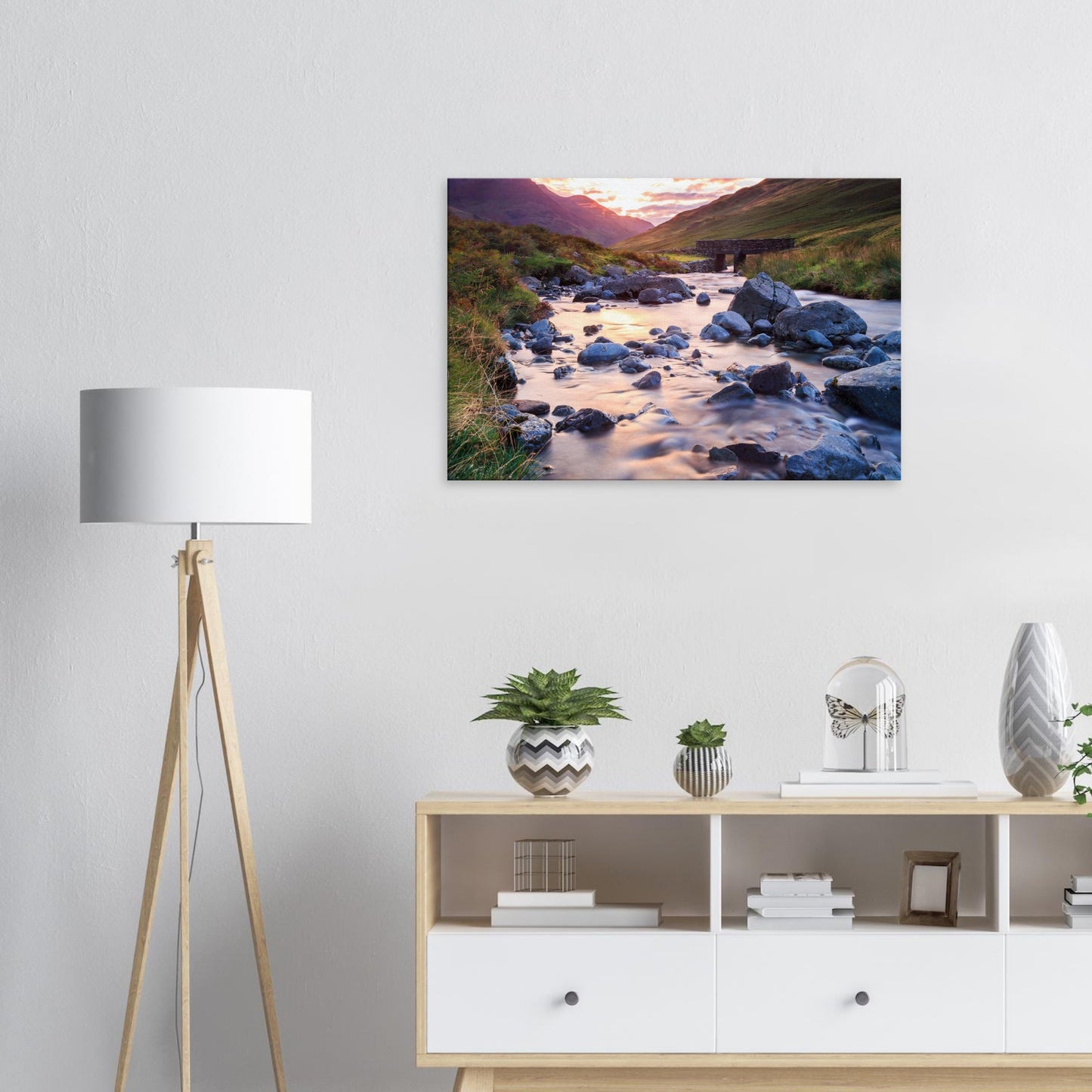 Honister Pass canvas capturing the serene end of day with a gently flowing stream and a solid stone bridge under golden light.