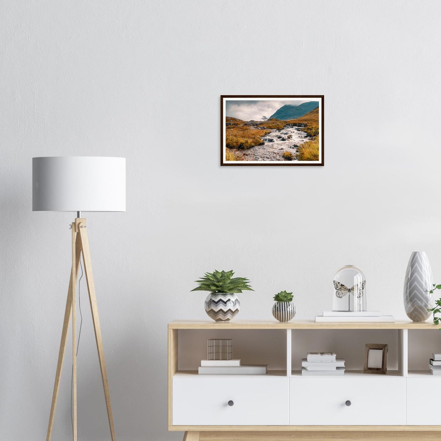 Scenic framed print of Glencoe Valley waterfall in Scotland