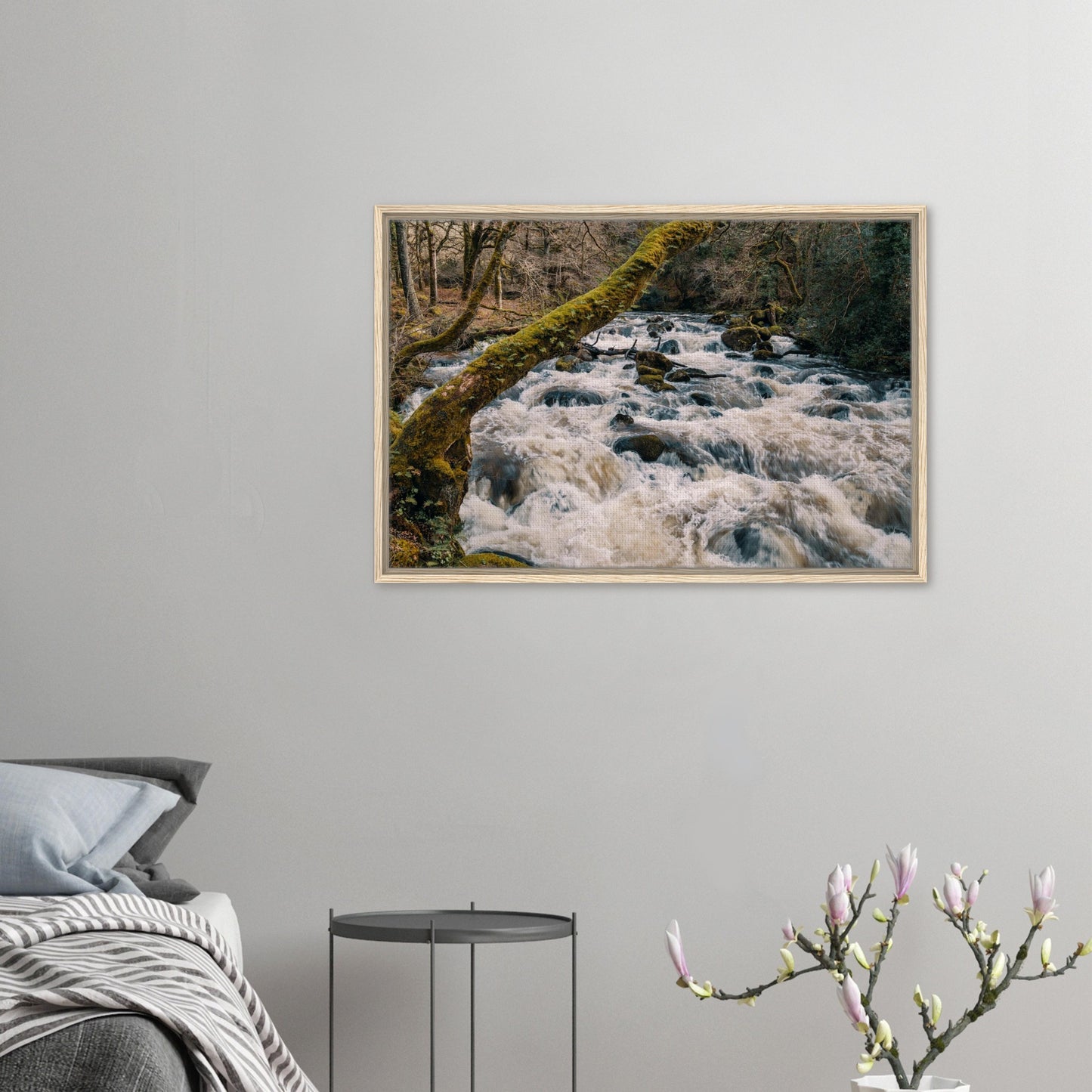 River Plym canvas with frothy water and forest backdrop