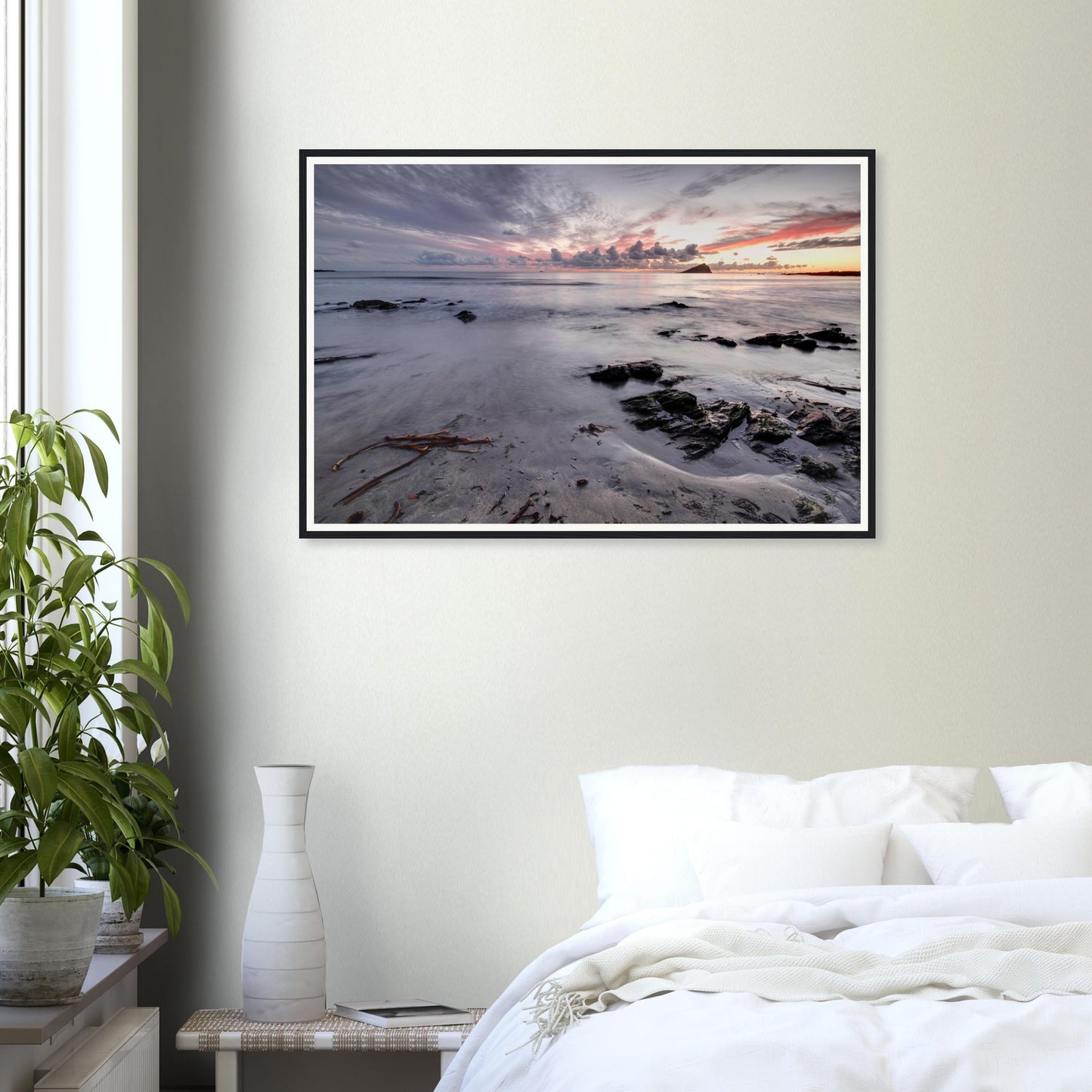 Tranquil framed wall art of Wembury Beach in Devon at sunset