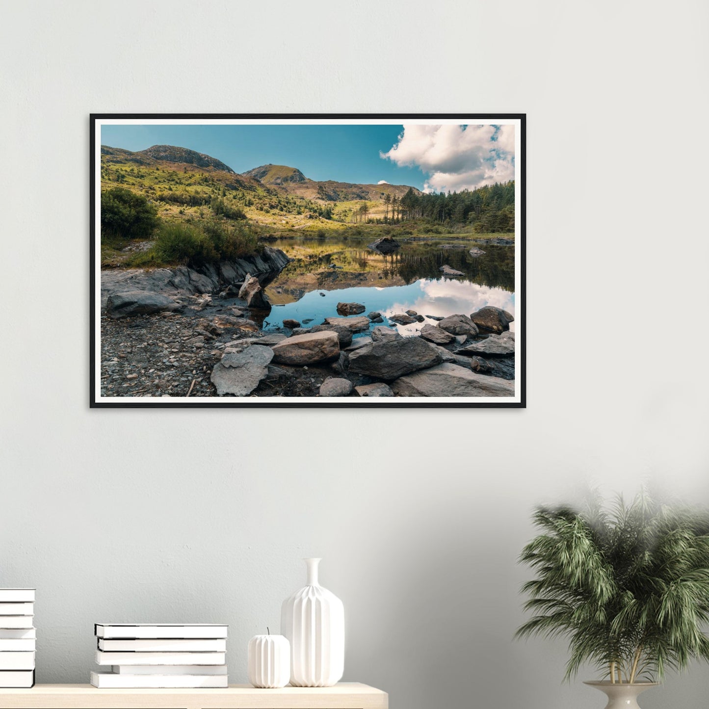 Tranquil Snowdonia lake scene framed print of Llyn Llywelyn