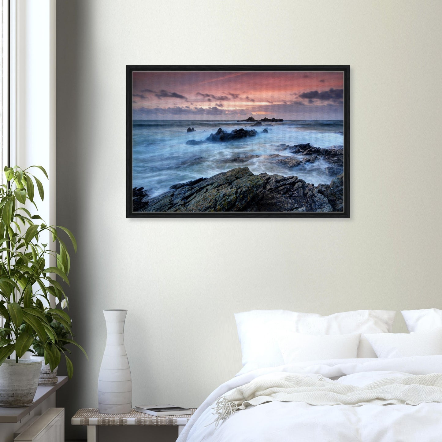 Framed wall art of Heybrook Bay’s glowing sea and sky