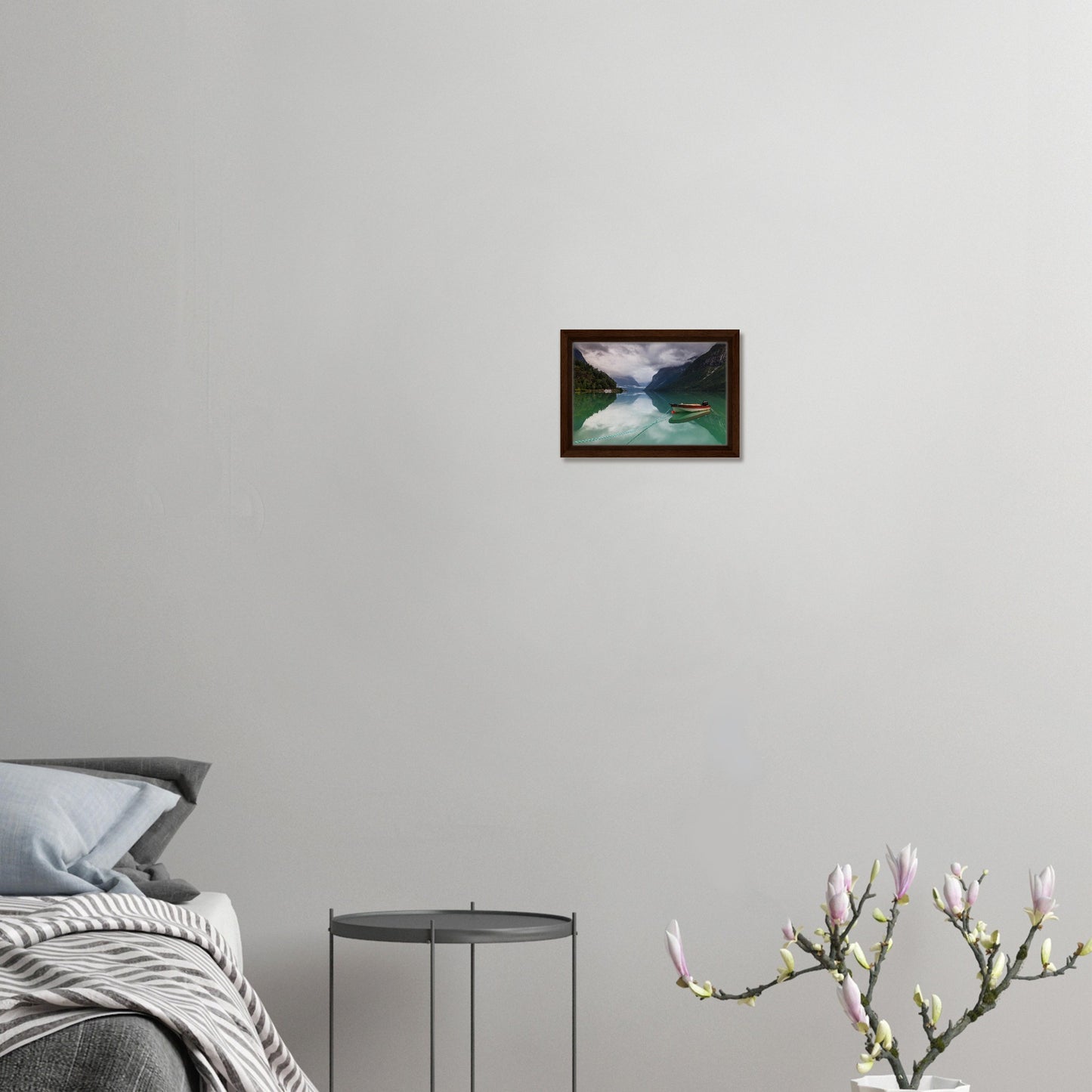 Calm emerald lake with mountains in Norway wall art