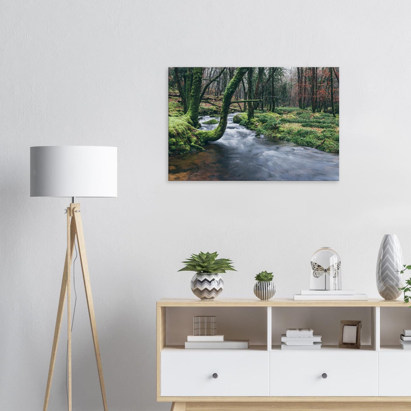 Dartmoor river print showing harmony between flowing water and still woodland