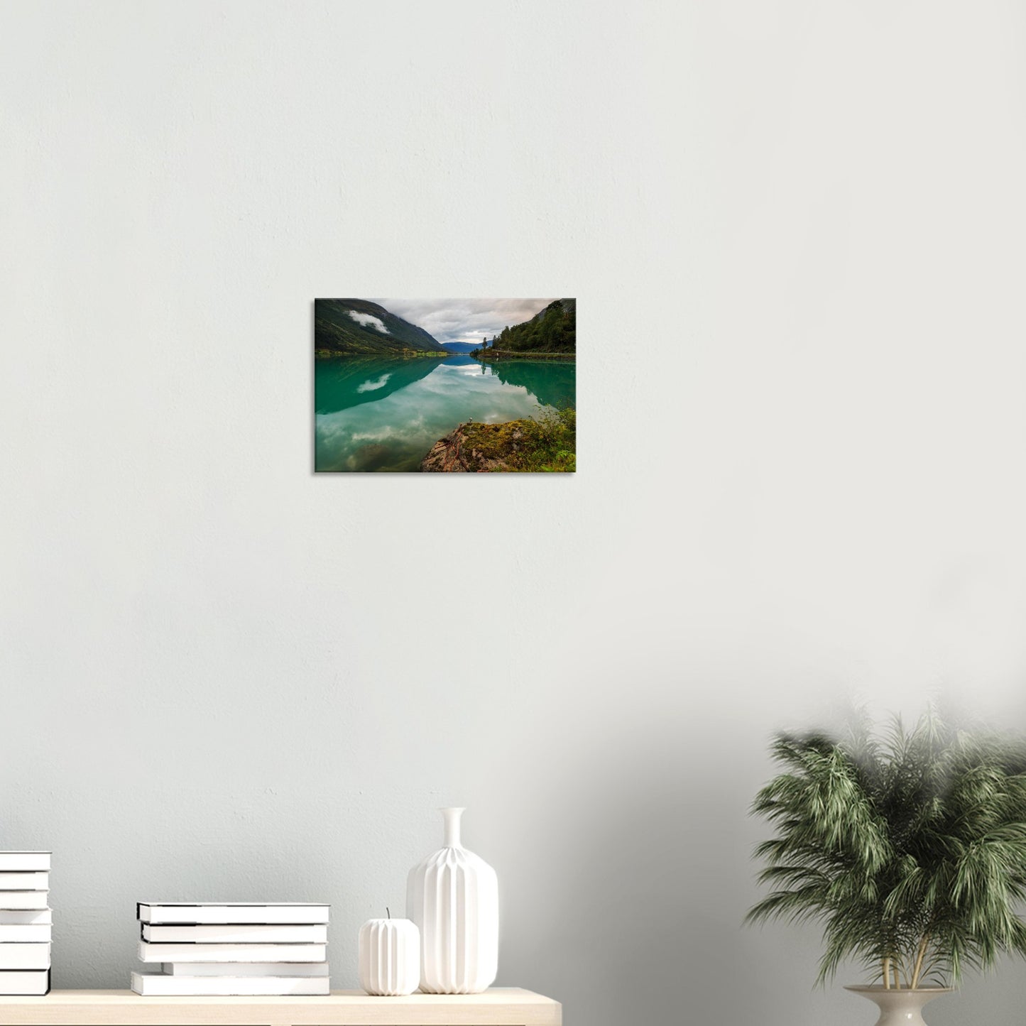 Peaceful Norway mountain lake with cloud reflection, canvas artwork.