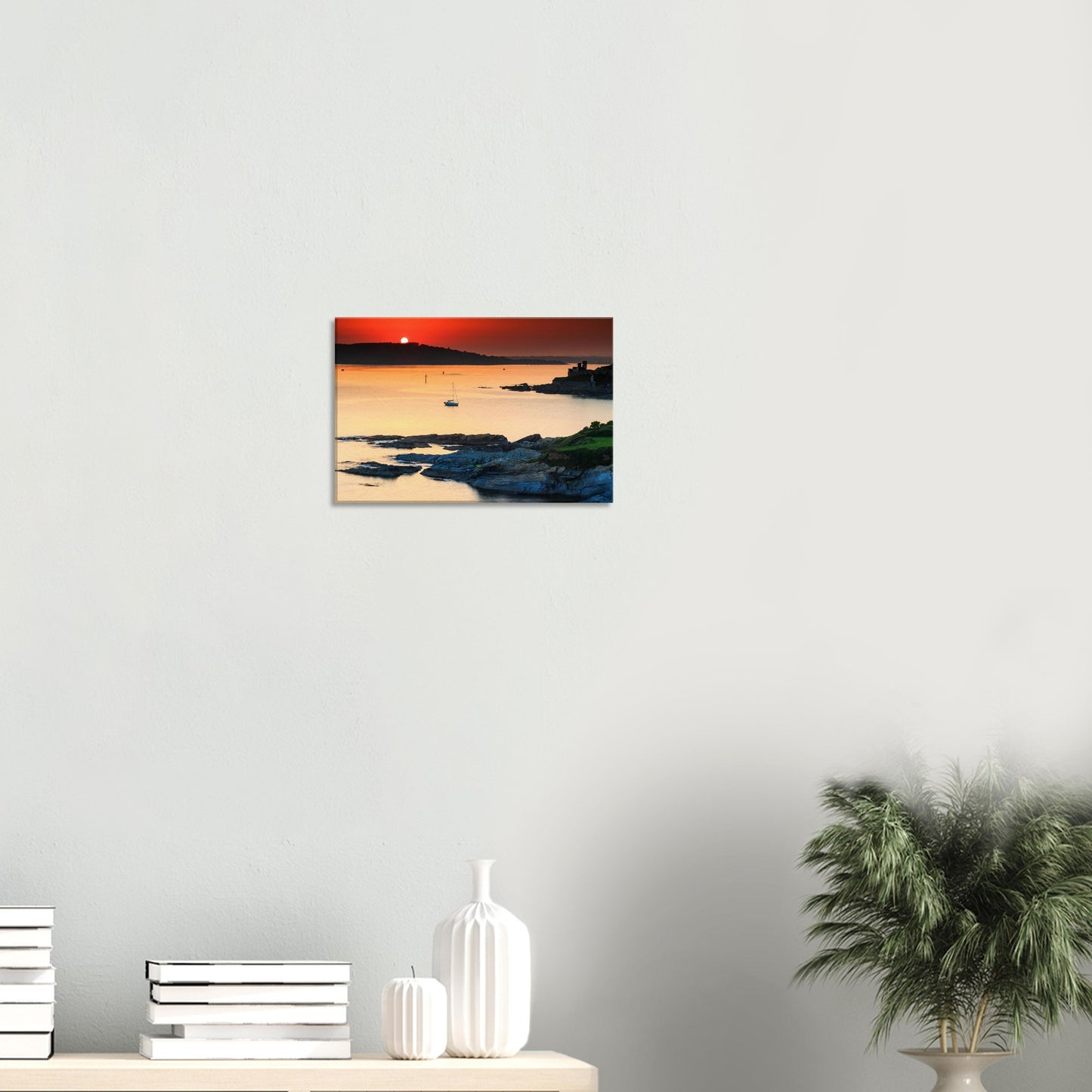 Coastal canvas print of Devon’s Plymouth Sound with rich sunset hues and rocky foreground.