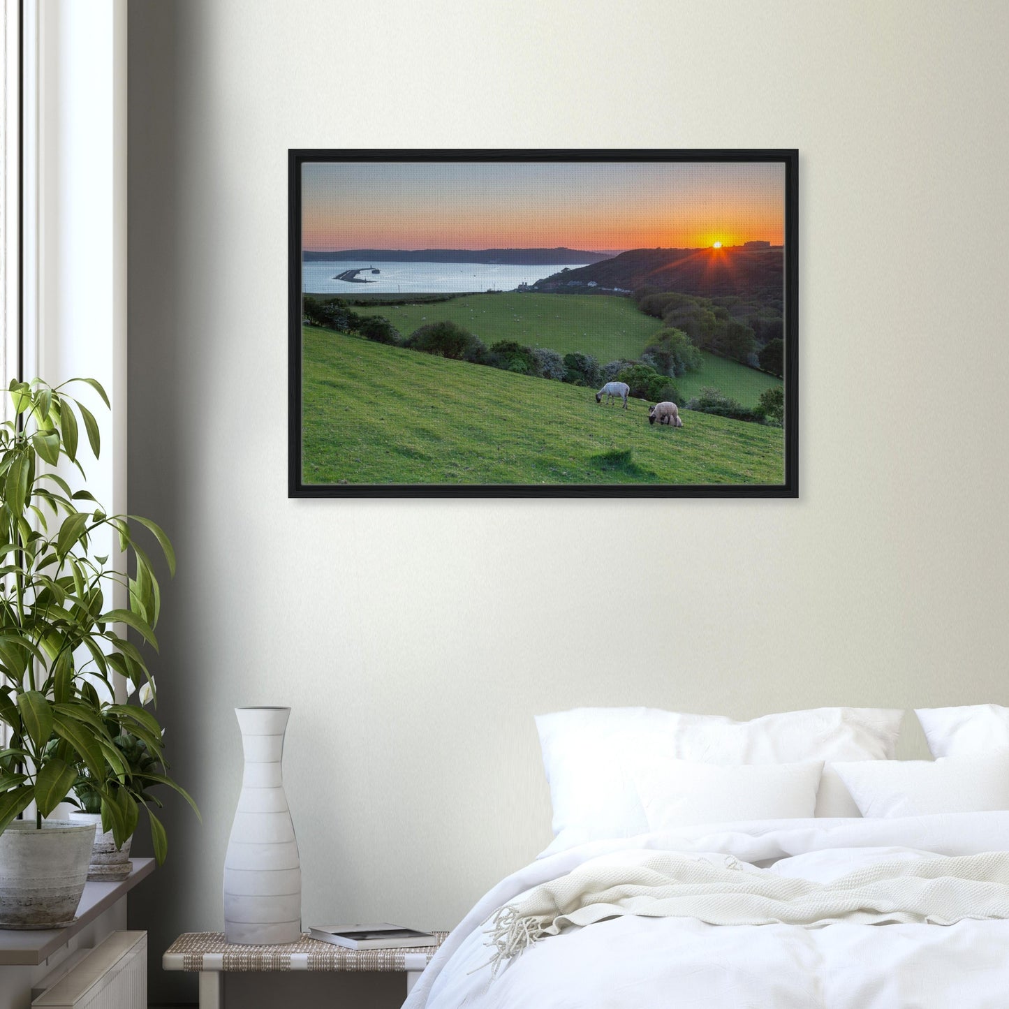 Peaceful end of day on Devon hillside framed canvas