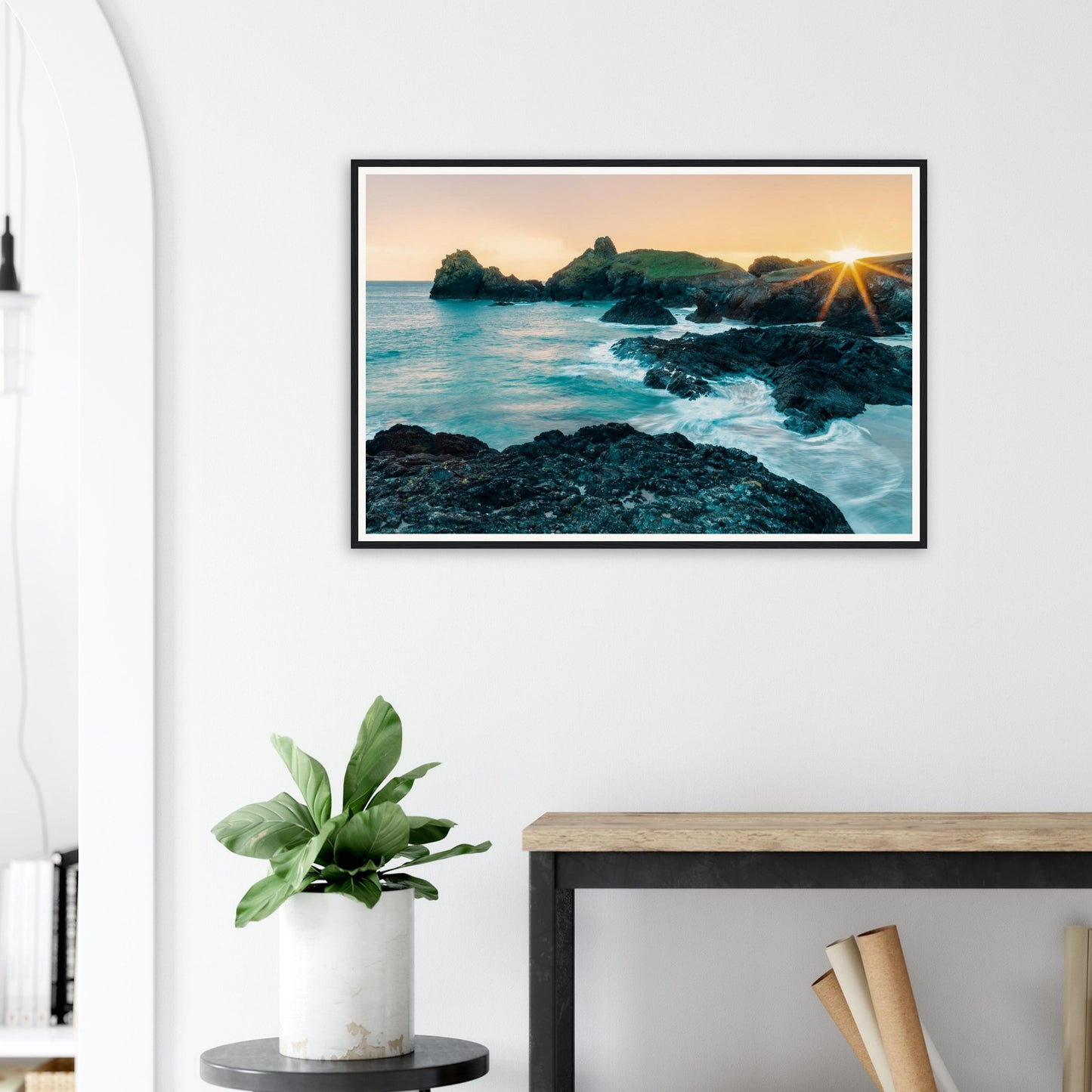 Scenic framed wall art of Kynance Cove seascape at dusk