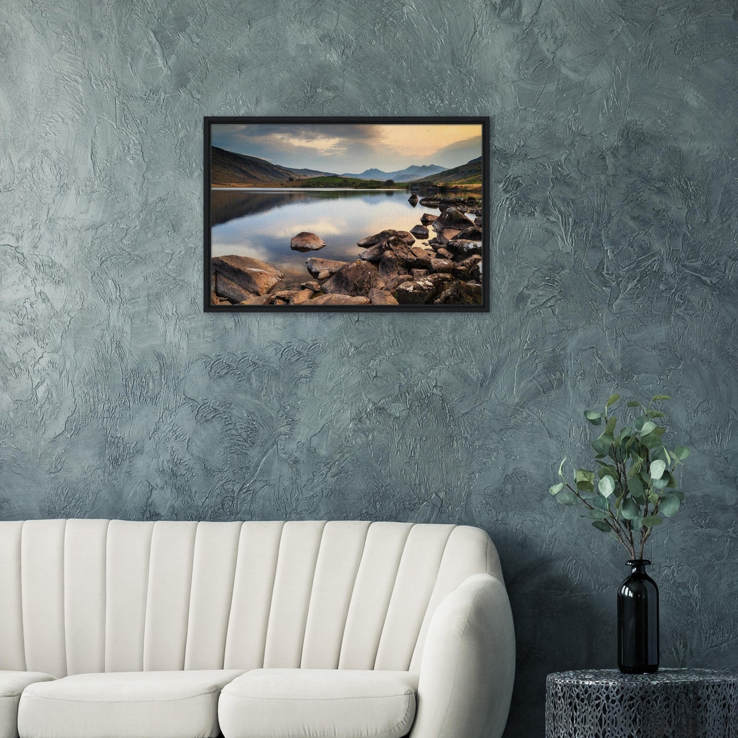 Framed canvas of Llynnau Mymbyr’s peaceful sunset moment