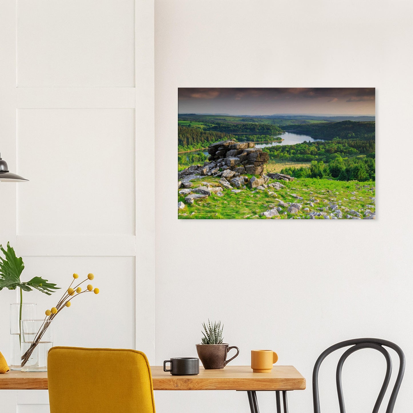 Leather Tor granite stacks above woodland-framed reservoir, canvas wall art.