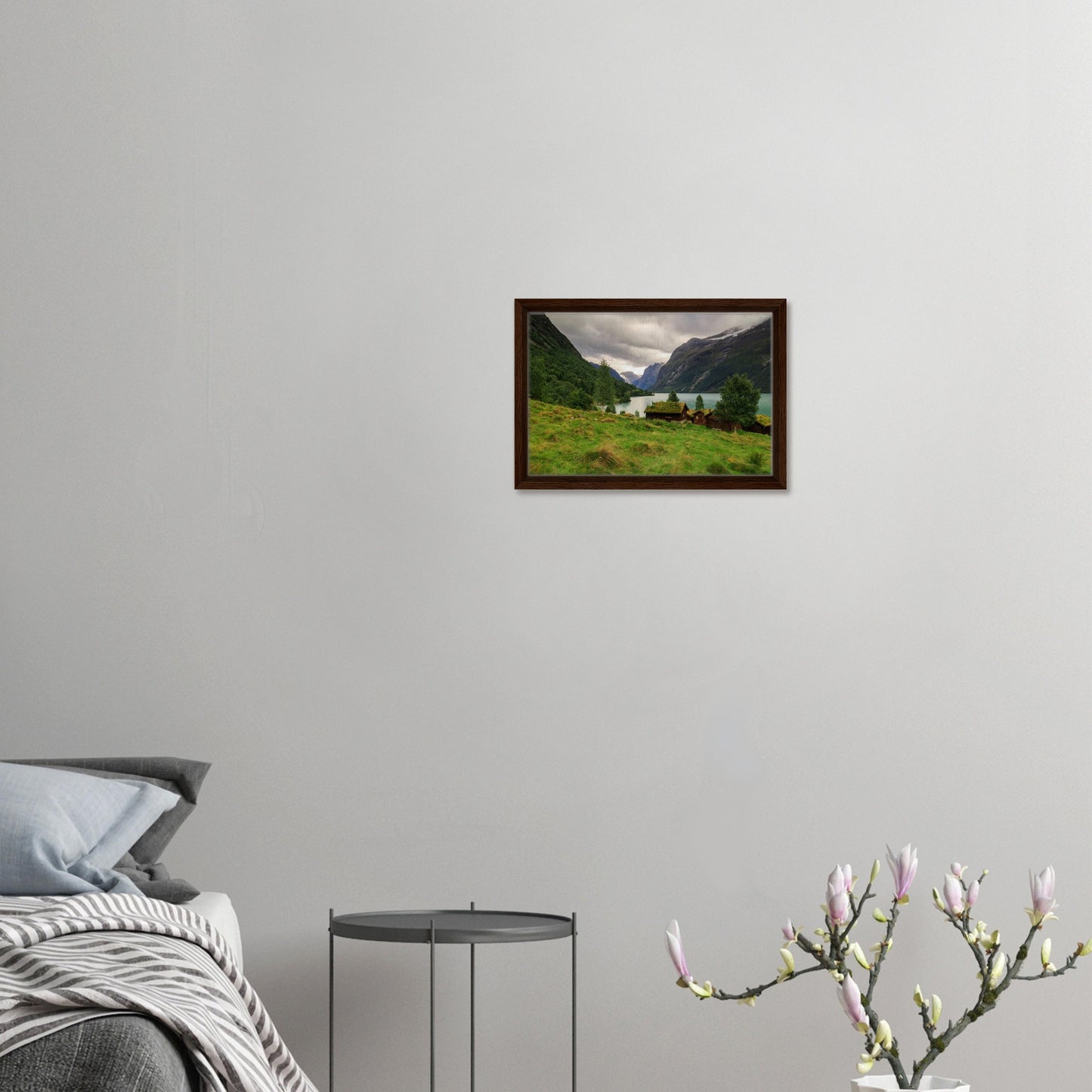 Vivid green meadows and blue waters in Lodalen framed print