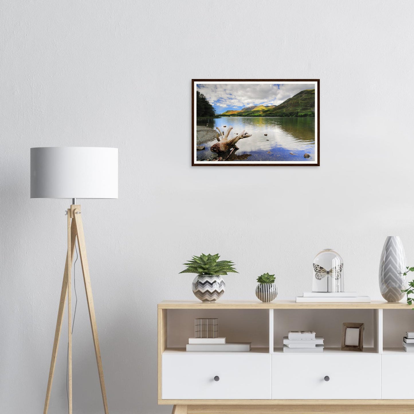 Buttermere Lake framed print with clouds mirrored in still water