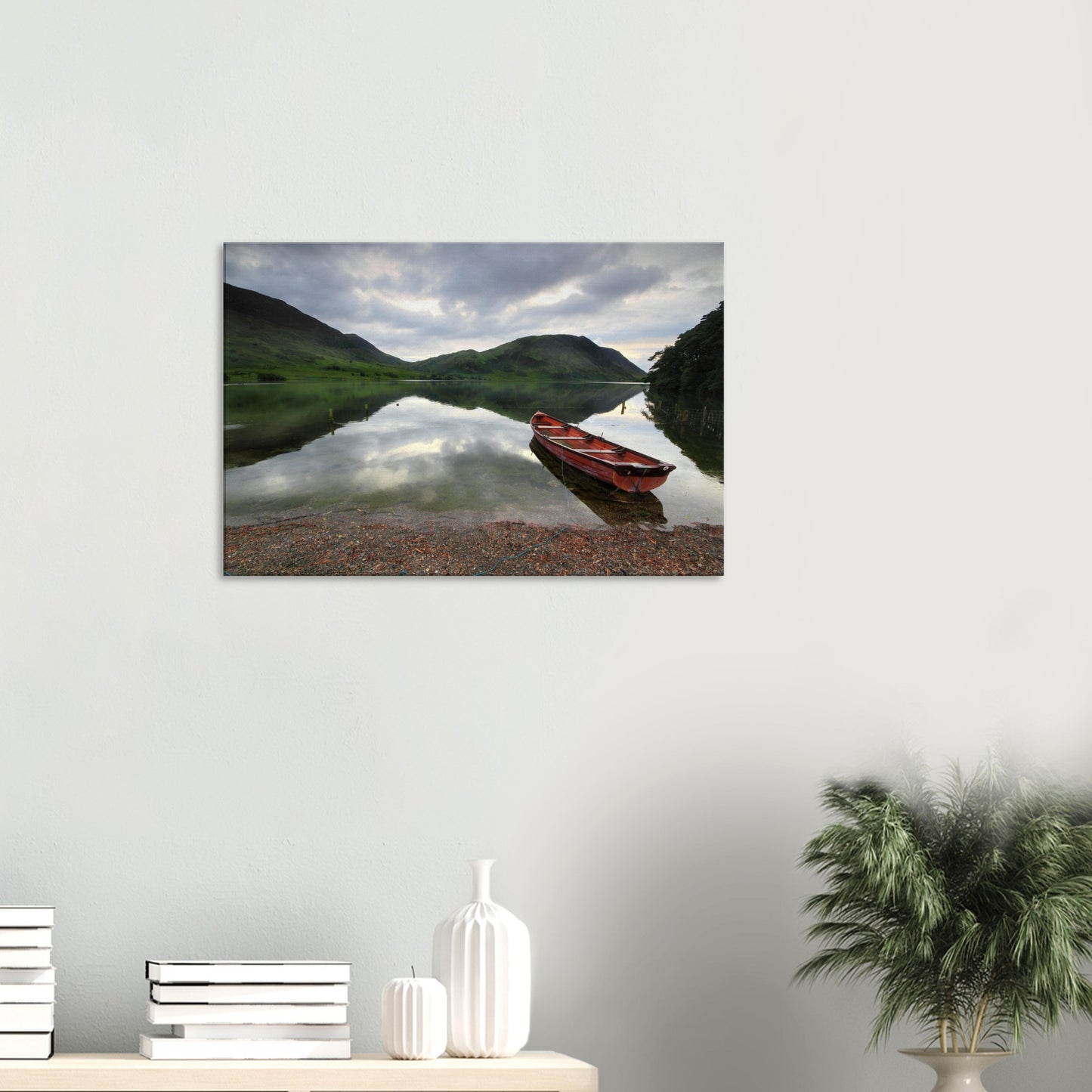Serene lake reflections at Crummock Water with soft clouds