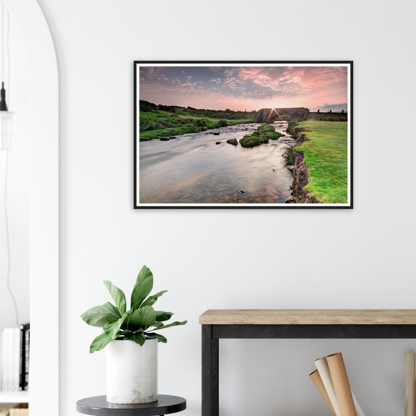 Framed print of Dartmoor sunrise with historic stone bridge