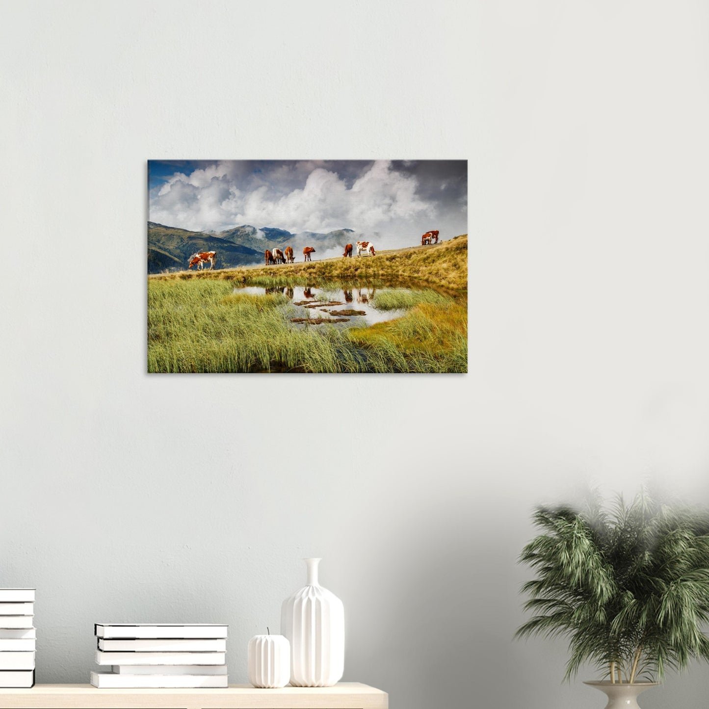Landscape canvas of the Panoramabahn in Austria showing cows in a lush meadow with mist-shrouded mountains and mirrored reflections.