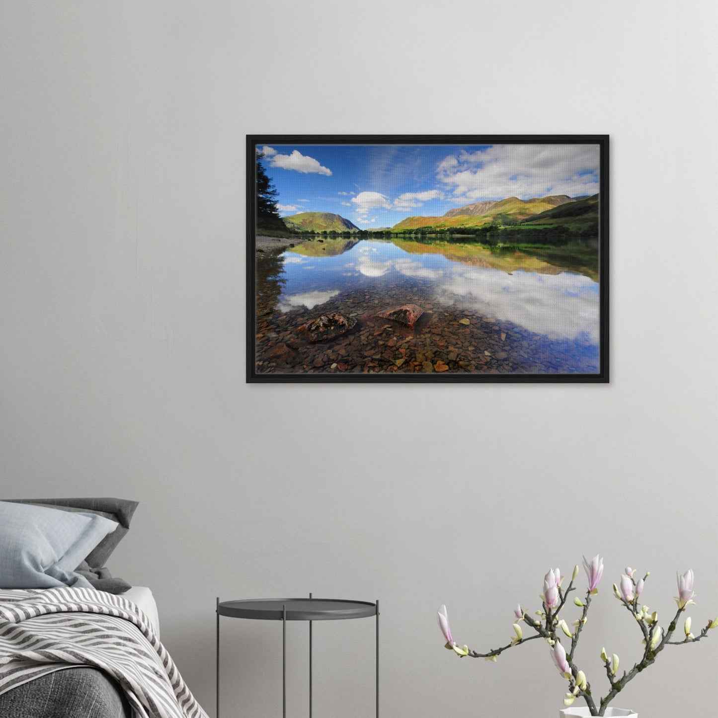 Framed canvas print of Buttermere Lake with crystal-clear water