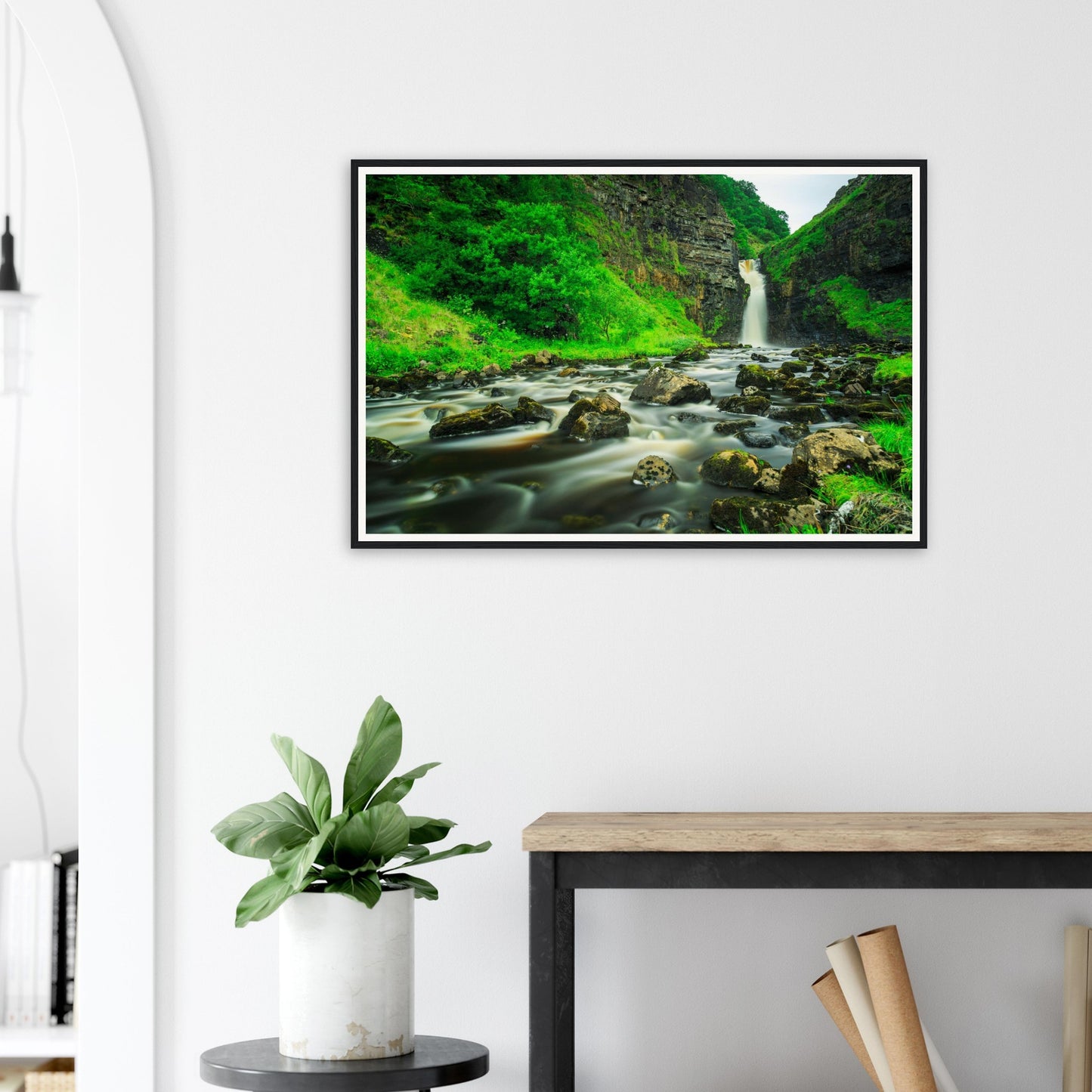 Rugged cliffs and flowing waters at Lealt Falls framed art