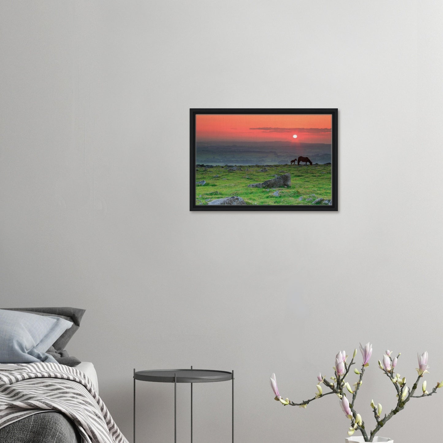 Sunset over Dartmoor moors with grazing horses in canvas