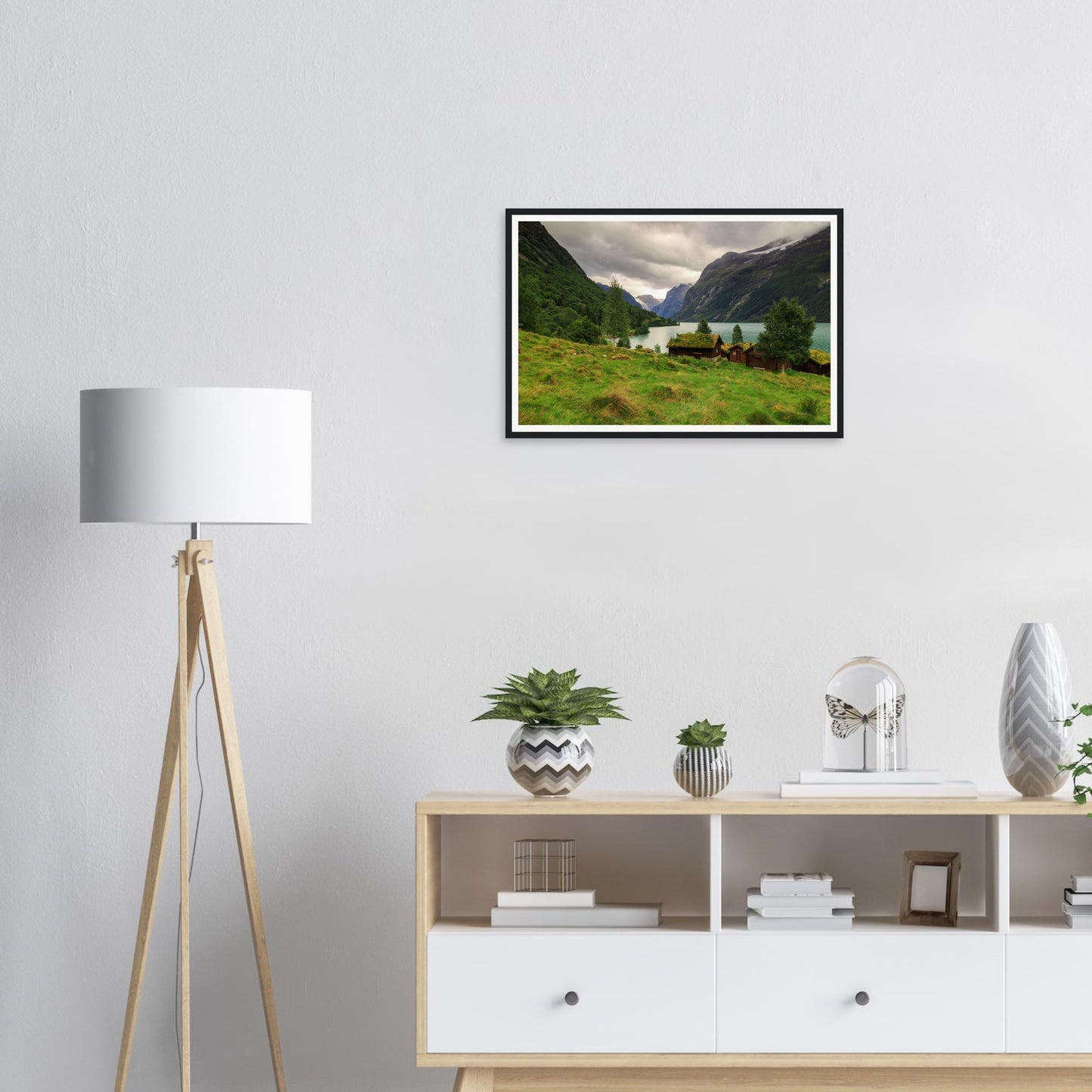 Grass-roofed houses in Lodalen Valley framed wall art