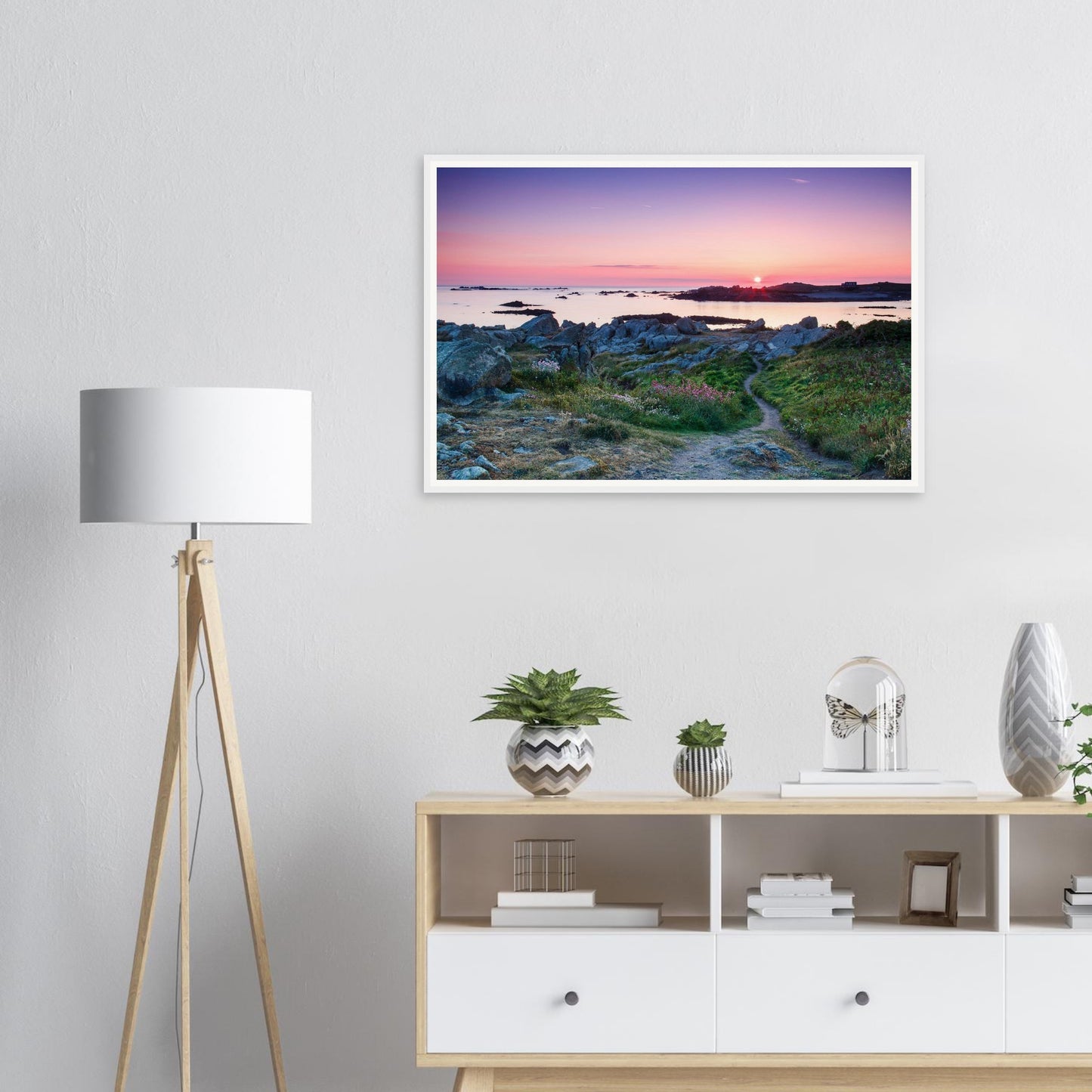 Scenic Guernsey coastline framed wall art of Lihou Island dusk