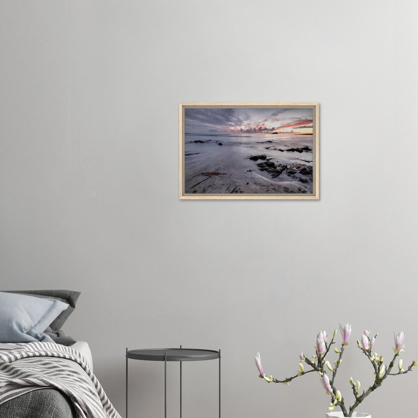 Peaceful Wembury Beach framed canvas with low tide textures