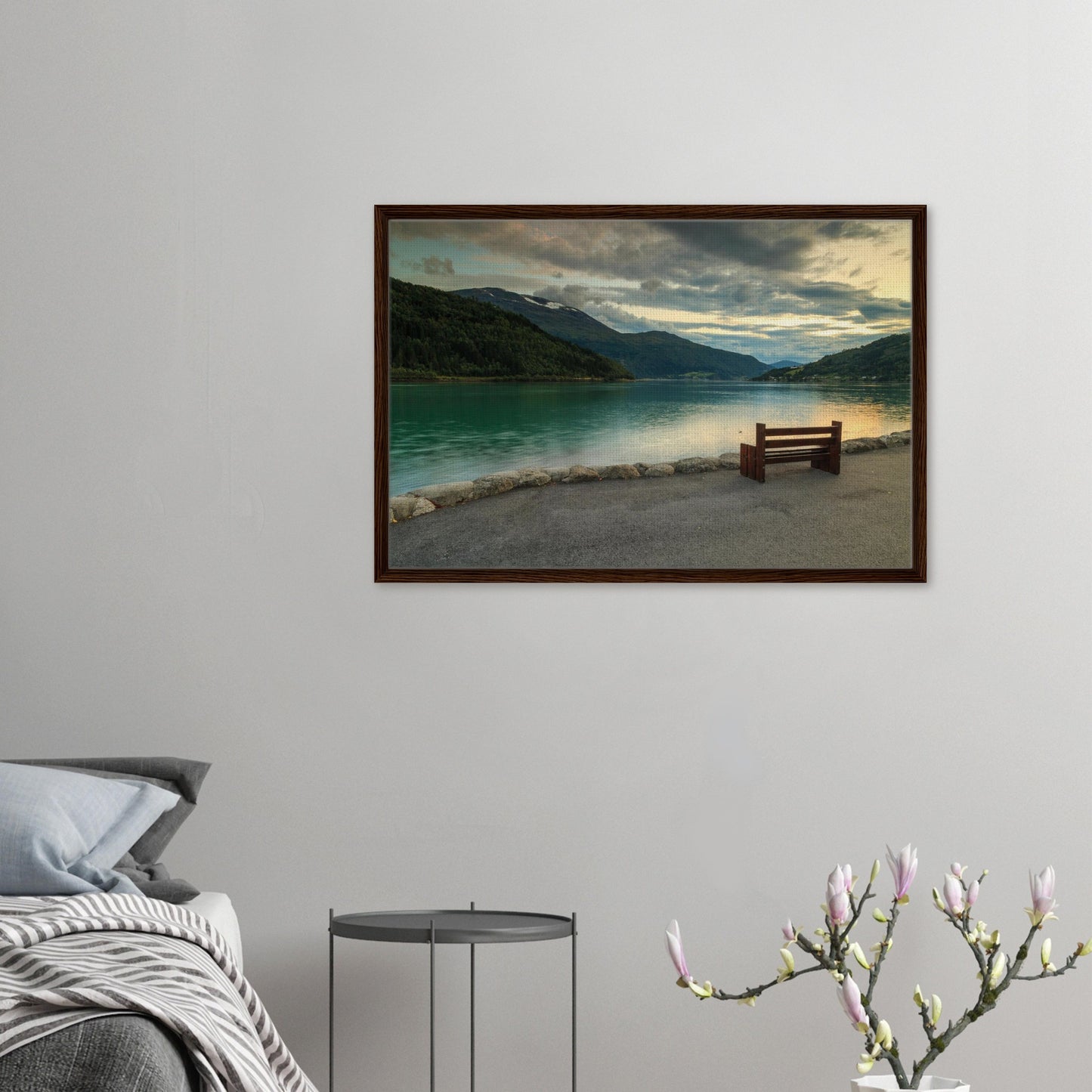 Solitary bench by fjord in Norway framed wall art