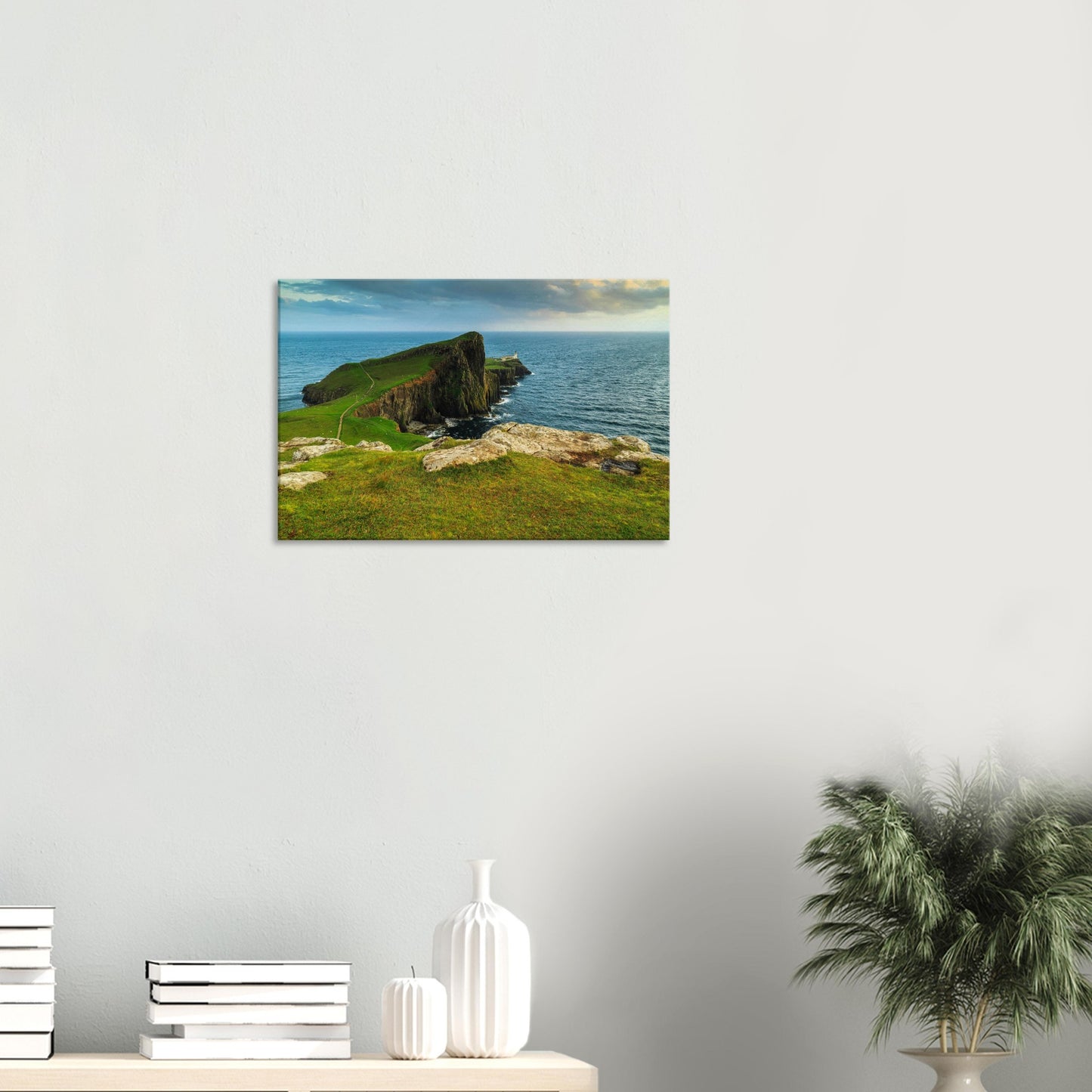 Highland landscape of Neist Point on canvas, showcasing solitude, sea spray, and striking terrain.