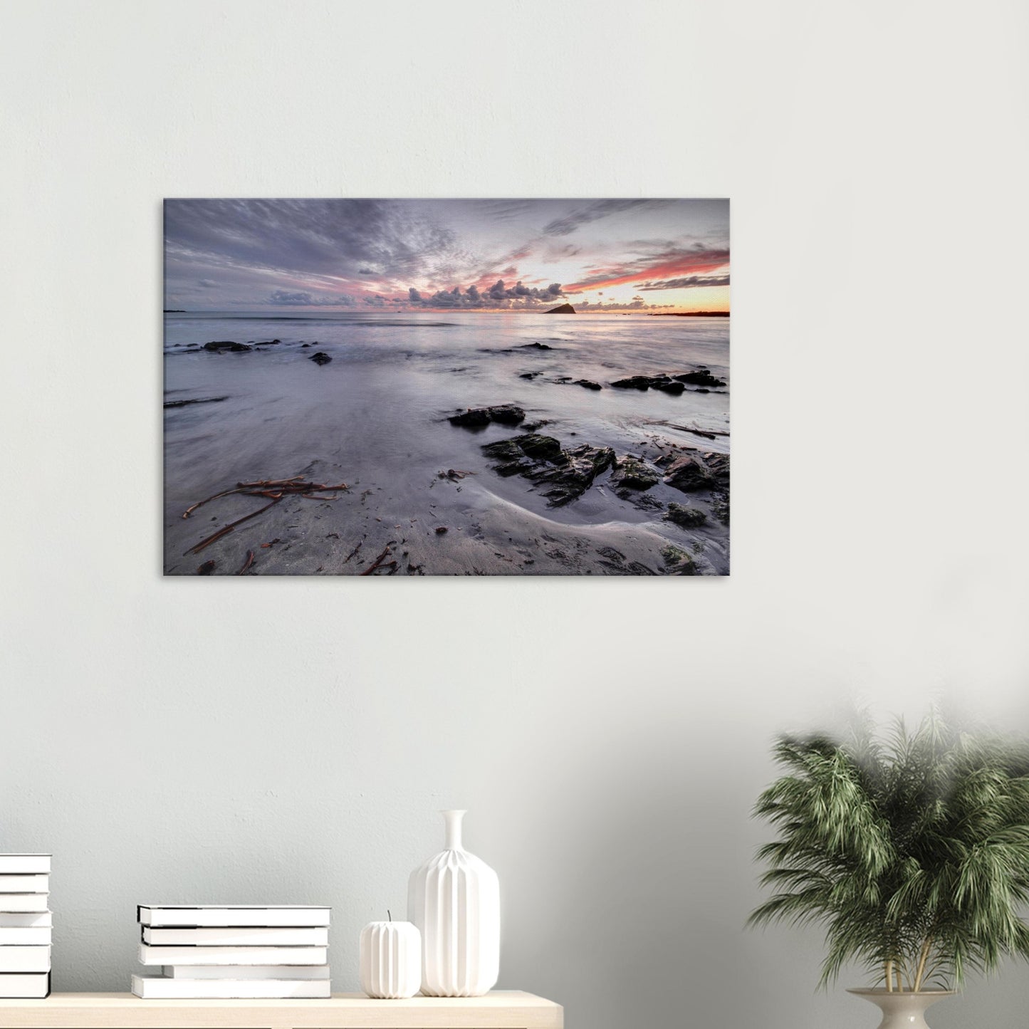 Tranquil canvas artwork of Wembury Beach at dusk, highlighting muted purple skies, tide-washed sands, and the iconic Mewstone silhouette.