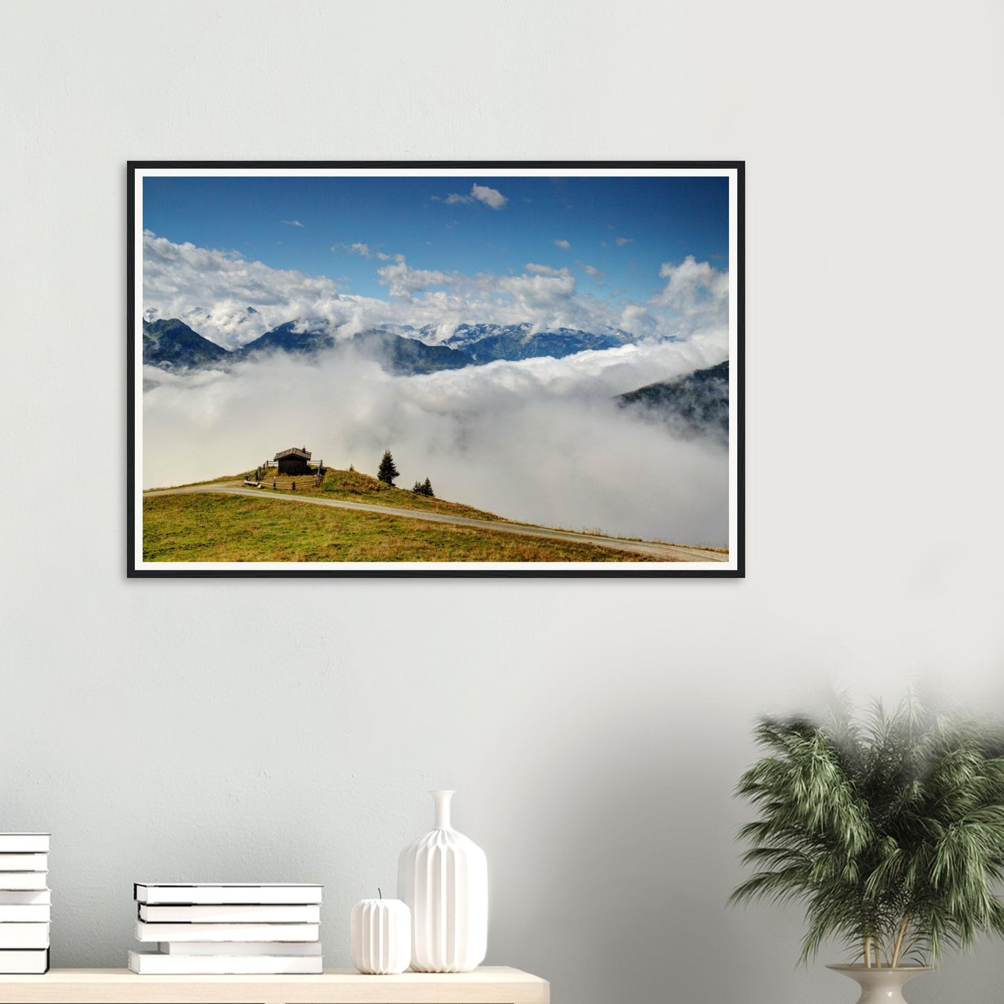 Scenic Austrian Alps framed print with hut and dramatic panorama