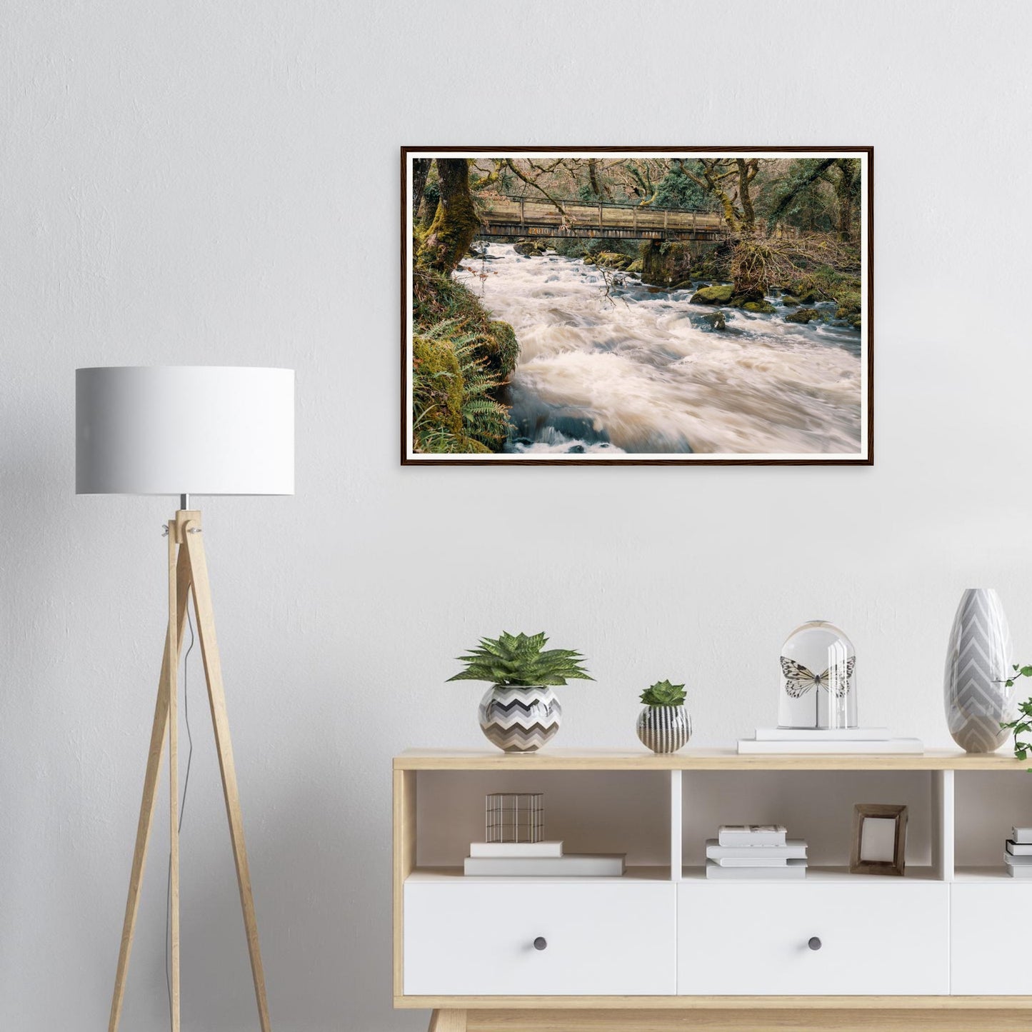 Scenic framed wall art of River Plym woodland moss and ferns