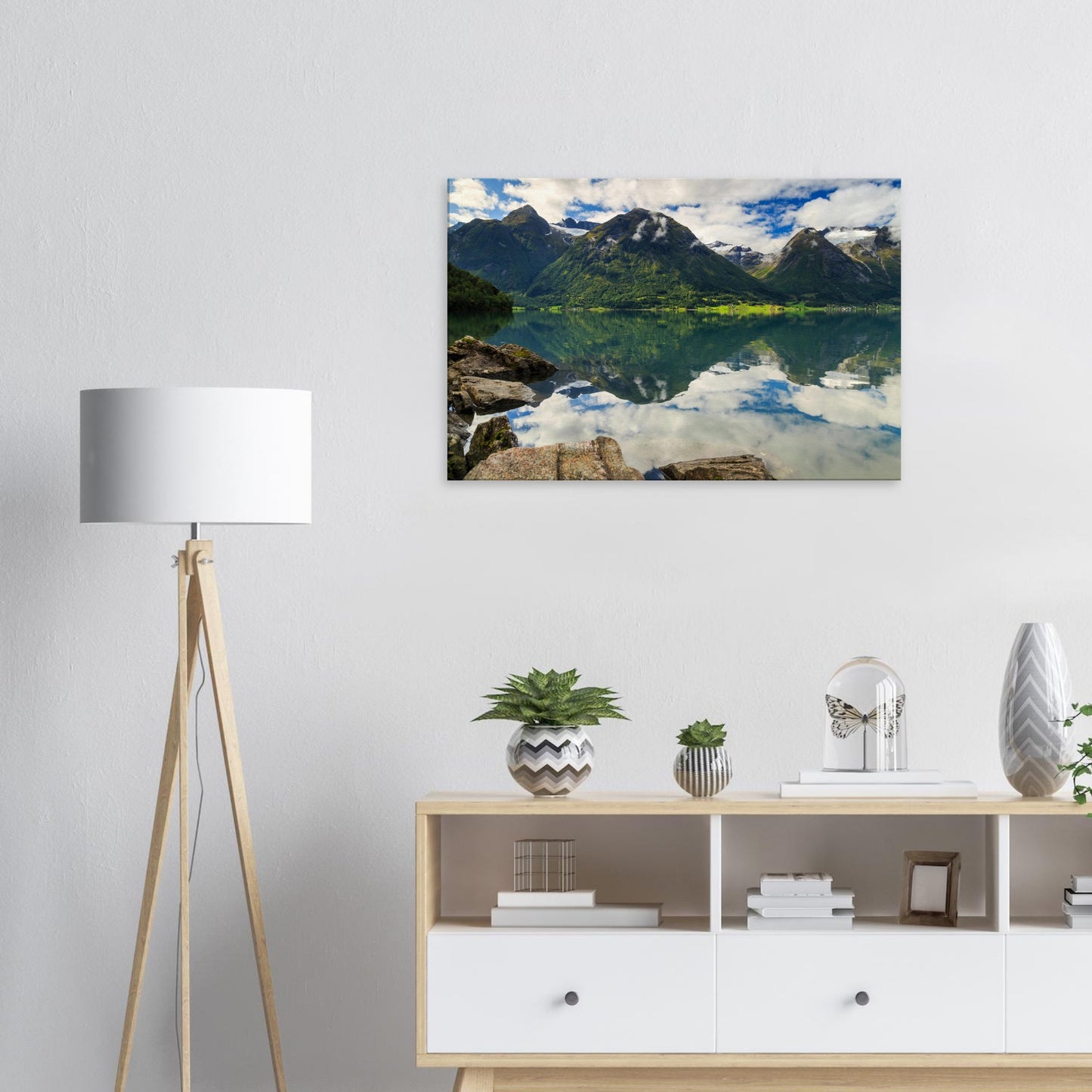 Canvas artwork portraying the majestic tranquillity of Strynevatnet Lake with lush vegetation and rocky shores