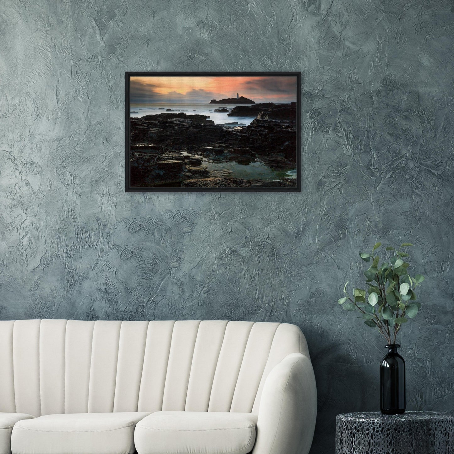 Textured rocks and glowing sky at Godrevy in wall art