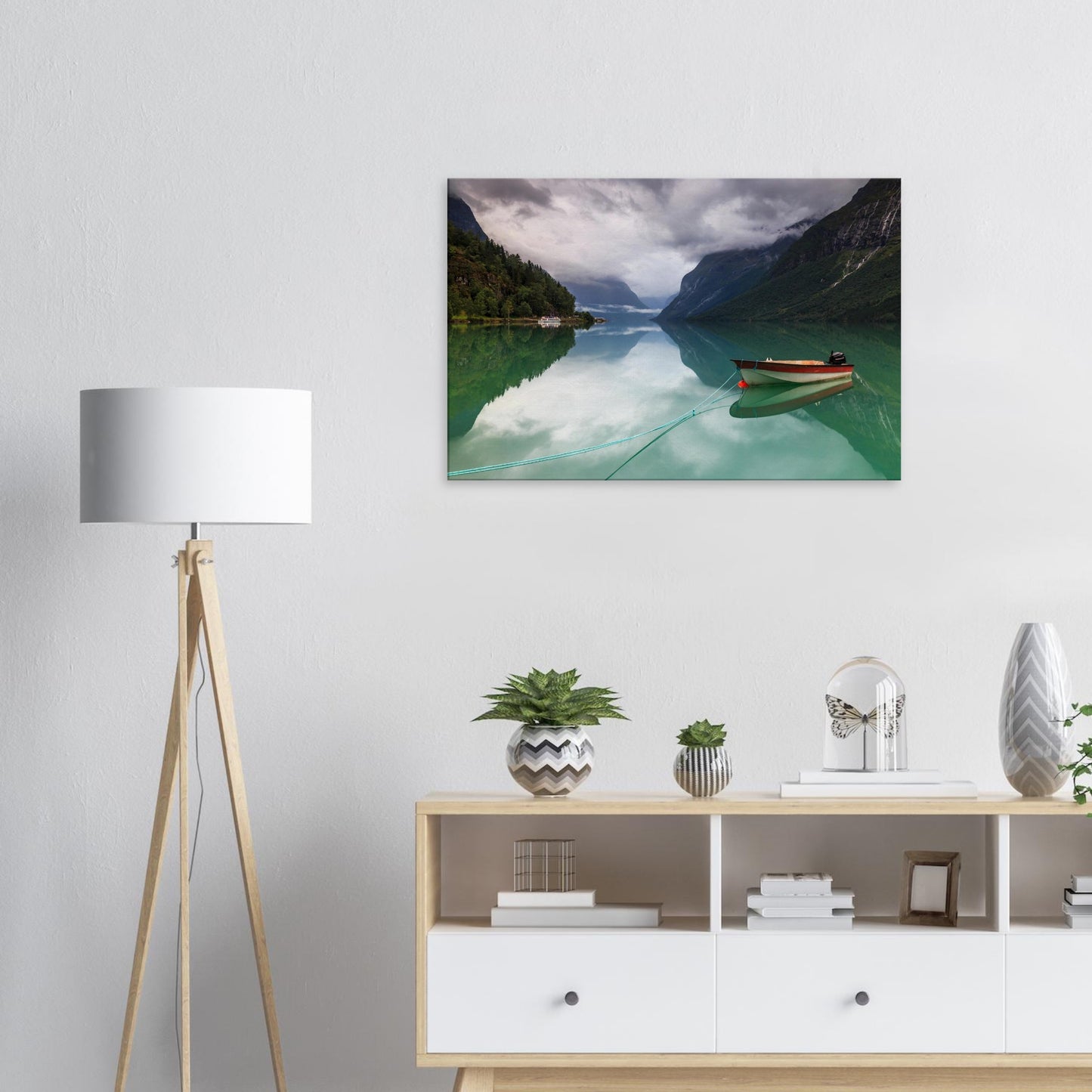 Mirror-like lake and foggy peaks of Lovatnet in Norway, canvas wall art.
