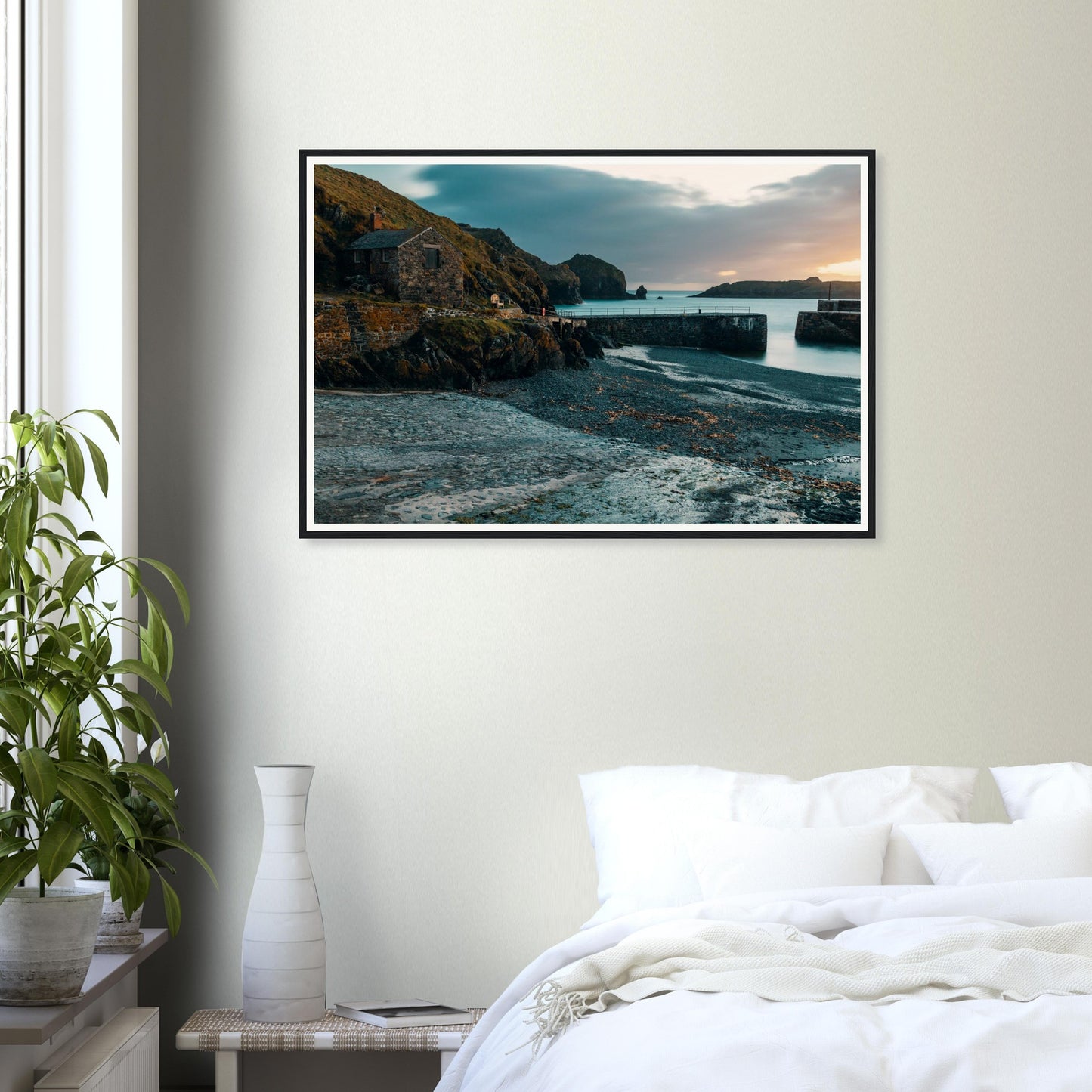 Serene framed wall art of Mullion Cove at twilight hour