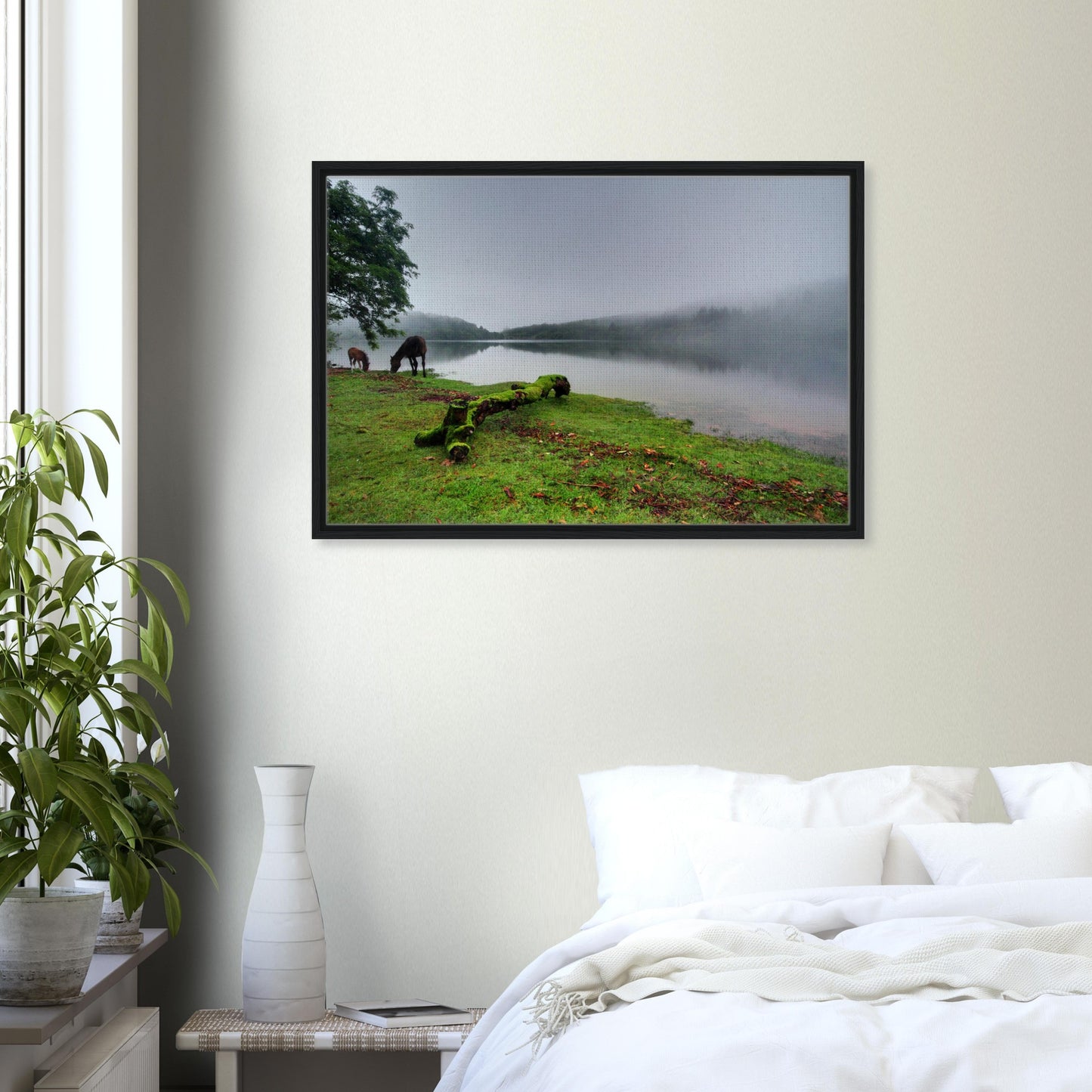 Moody Dartmoor morning scene with Burrator and wild ponies in frame