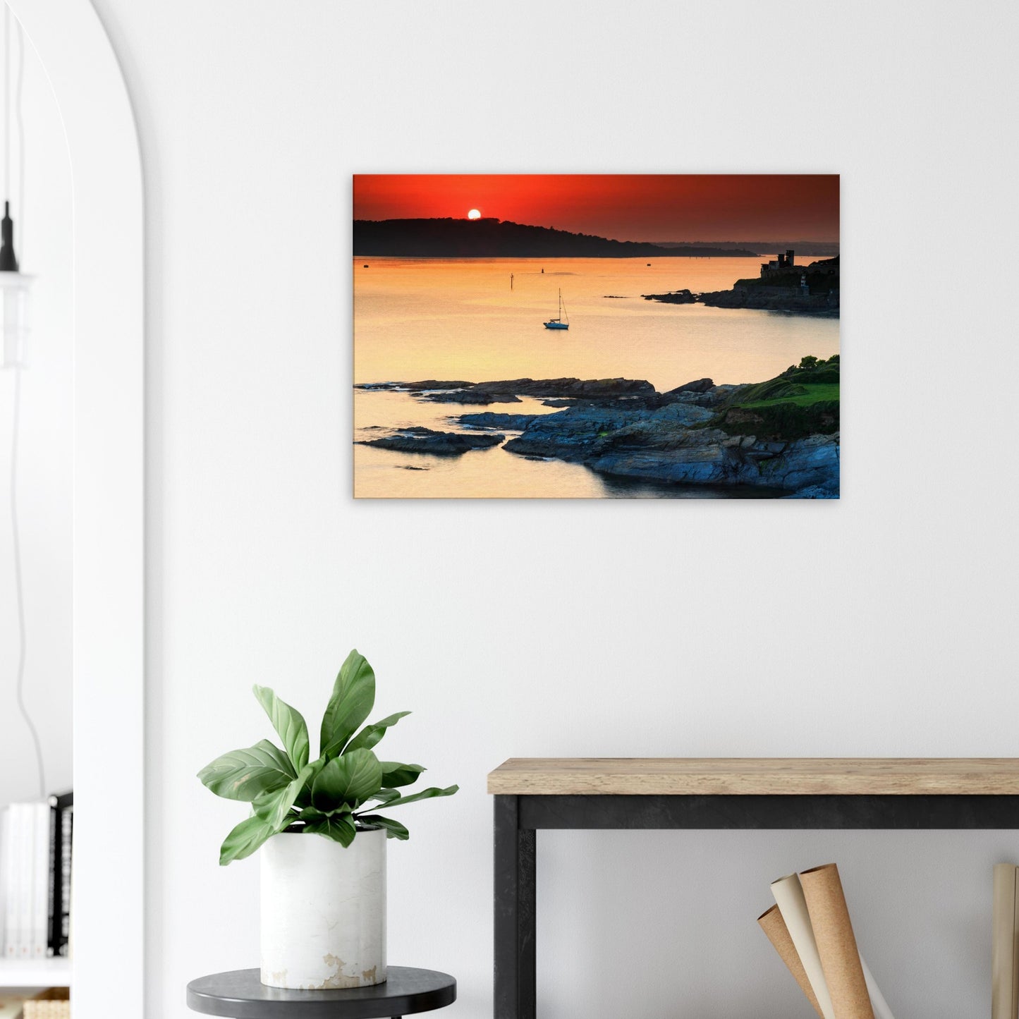 Devon maritime scene at dusk on canvas, with brilliant sunset and calm harbour.