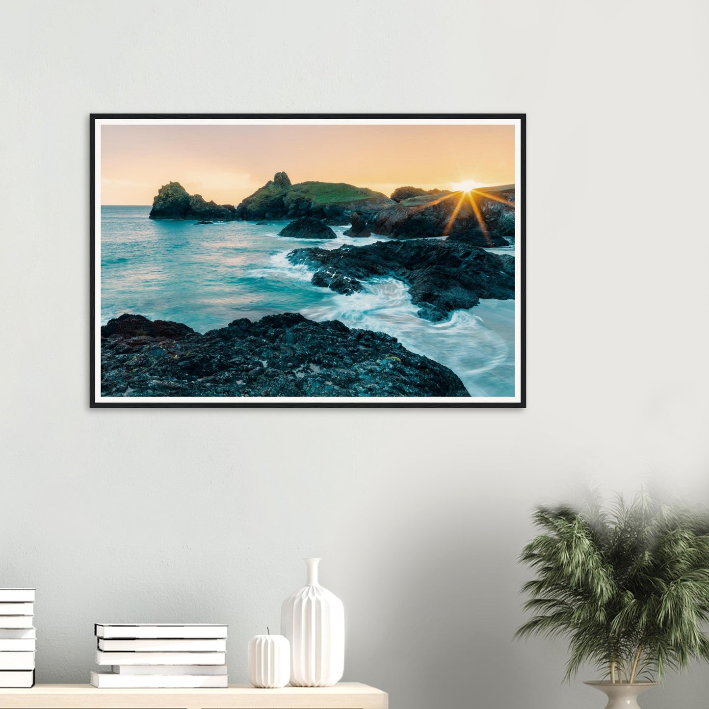 Long exposure waves around rocks at Kynance Cove framed art