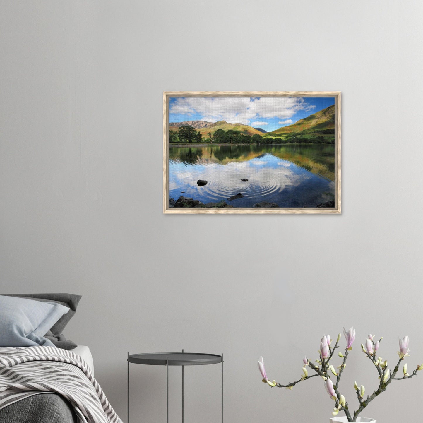 Framed print of Buttermere Lake and soft fells in golden light