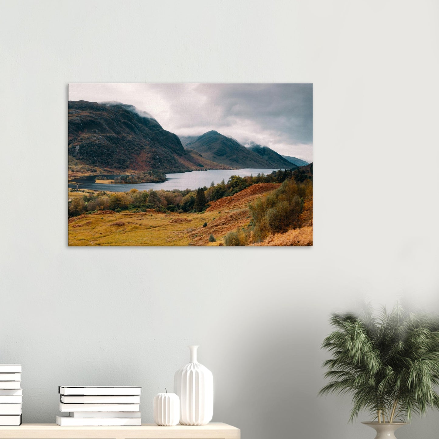 Loch Shiel canvas print with misty Highland mountains in autumn