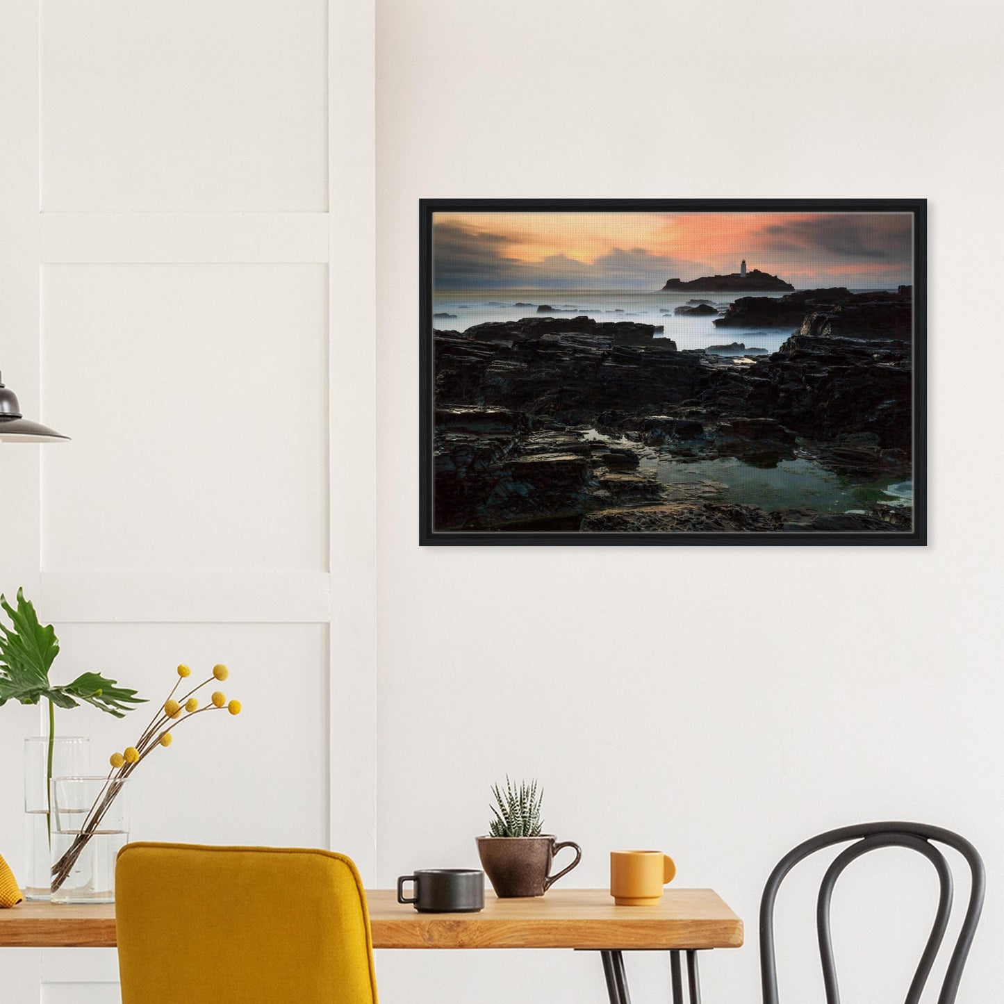 Framed coastal landscape of Godrevy Lighthouse at twilight